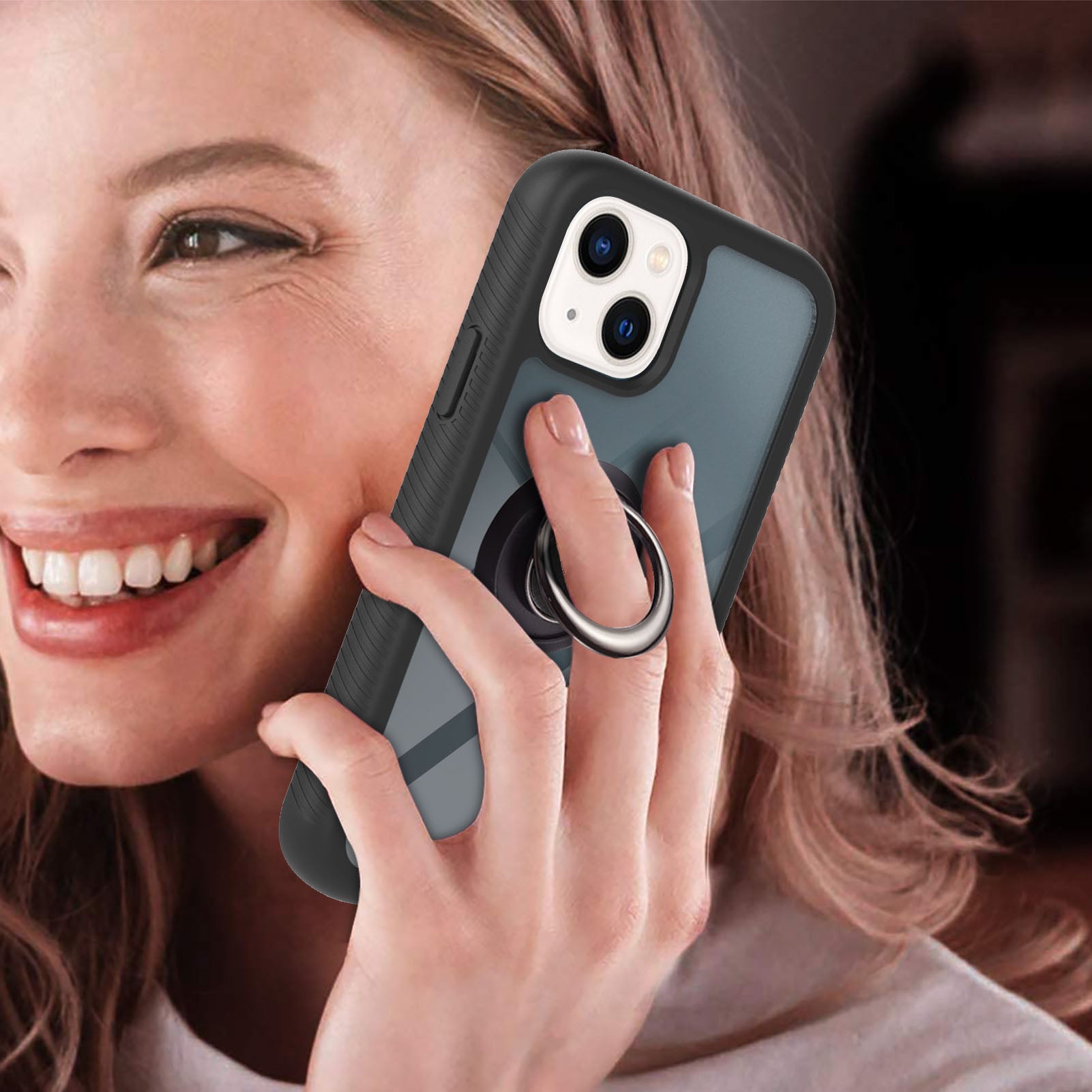 YB PC Series-5 for iPhone 15 Protective Case PC+TPU Ring Kickstand Phone Cover - Black
