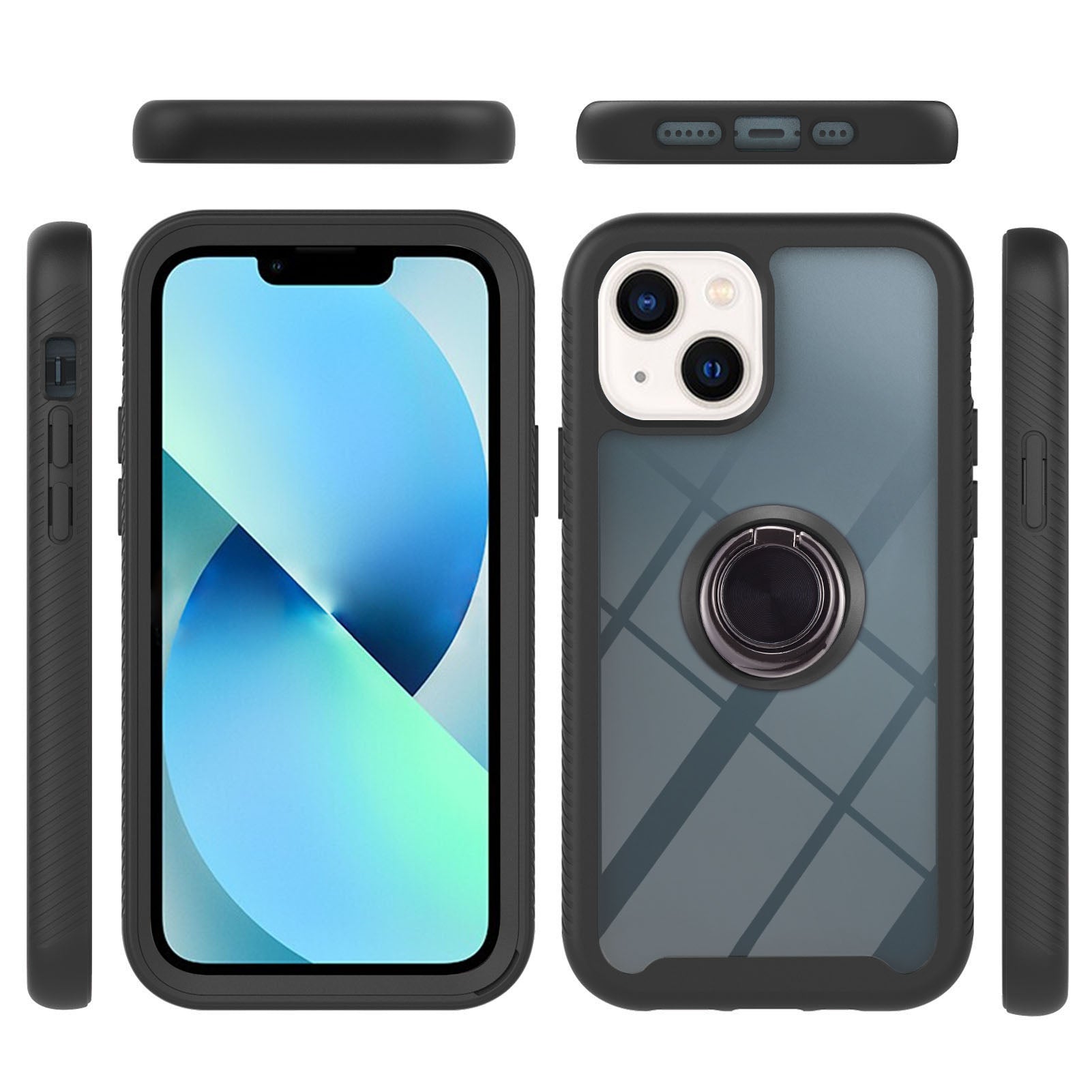 YB PC Series-5 for iPhone 15 Protective Case PC+TPU Ring Kickstand Phone Cover - Black