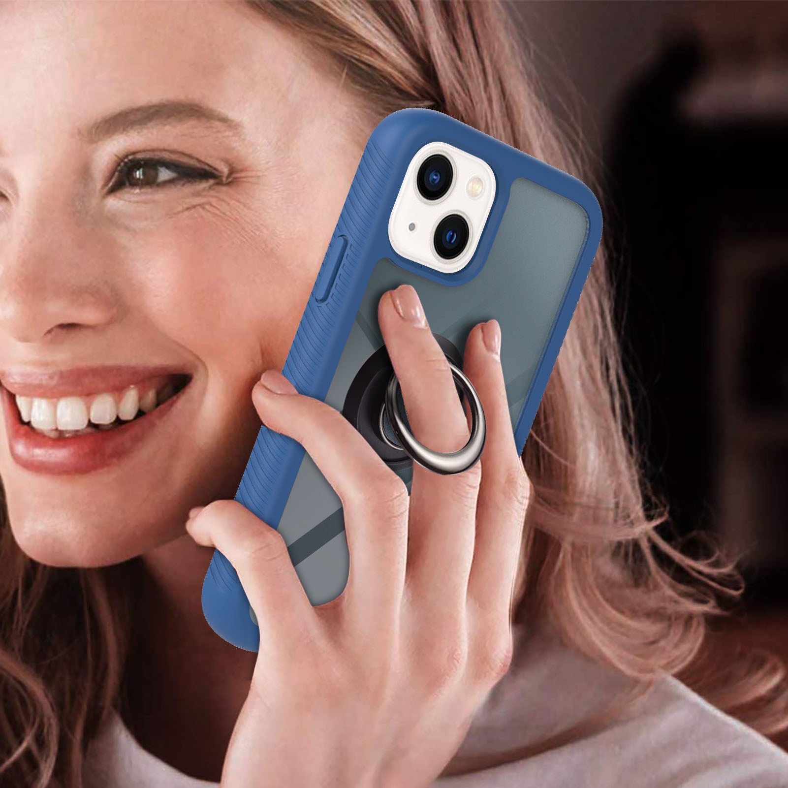 YB PC Series-5 for iPhone 15 Protective Case PC+TPU Ring Kickstand Phone Cover - Sapphire