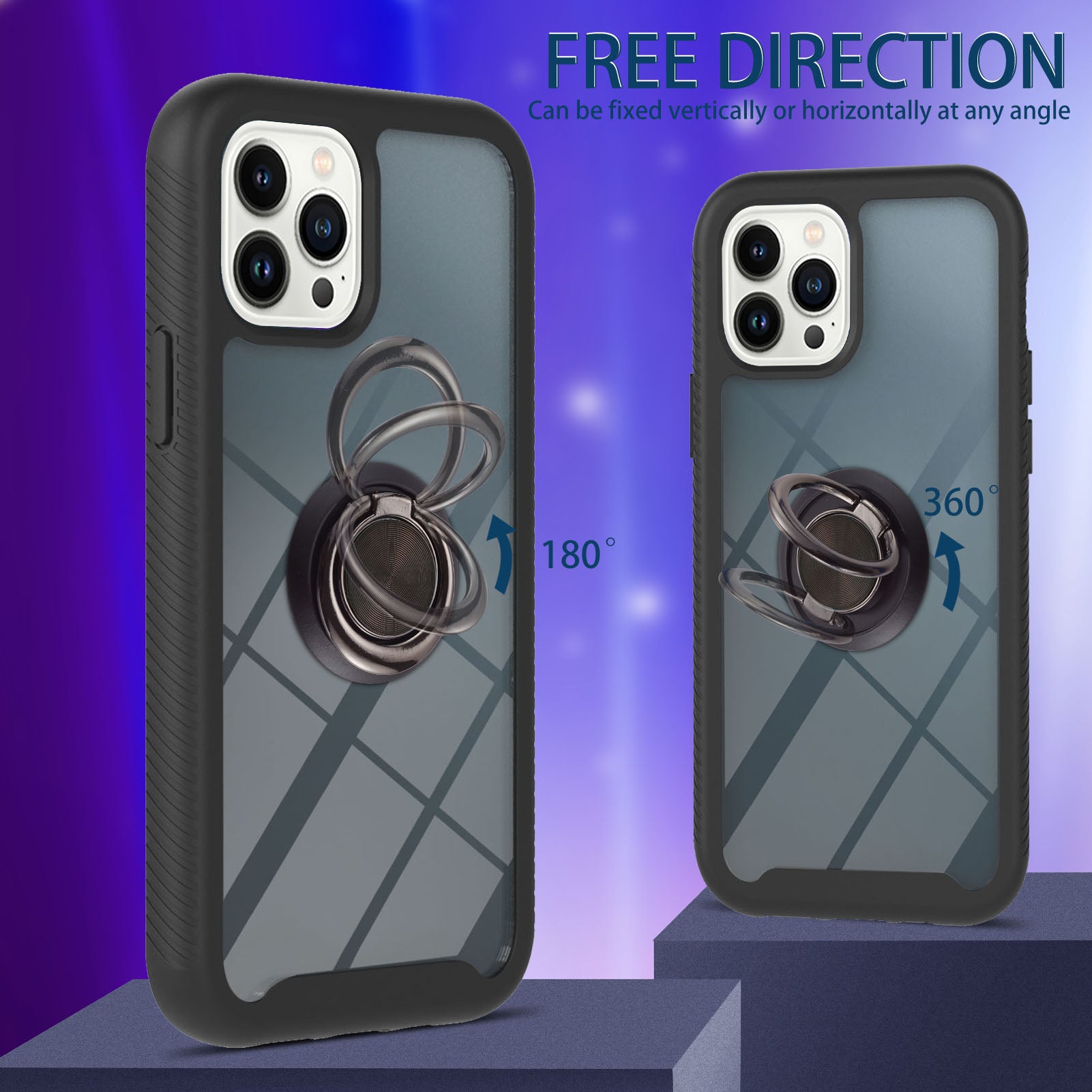 YB PC Series-5 for iPhone 15 Pro Ring Kickstand Phone Case PC+TPU Anti-drop Cover - Black