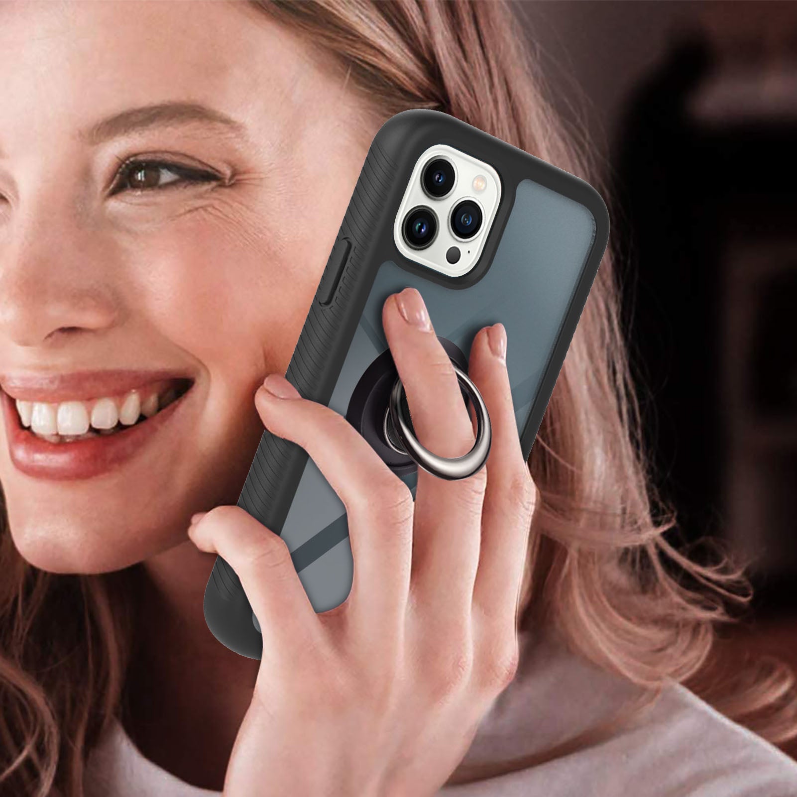 YB PC Series-5 for iPhone 15 Pro Ring Kickstand Phone Case PC+TPU Anti-drop Cover - Black