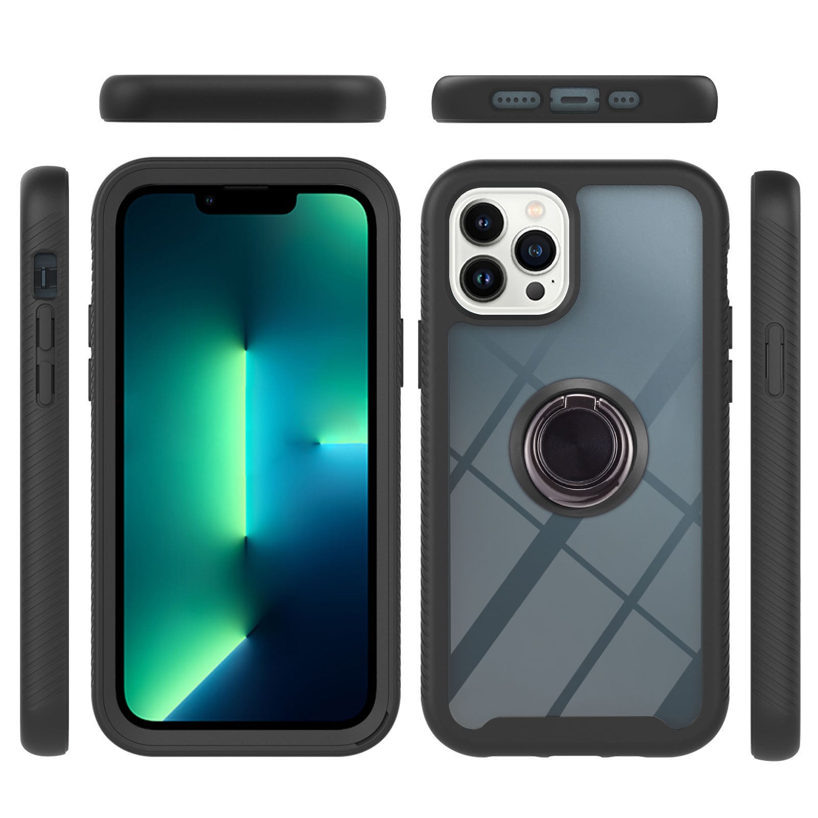 YB PC Series-5 for iPhone 15 Pro Ring Kickstand Phone Case PC+TPU Anti-drop Cover - Black