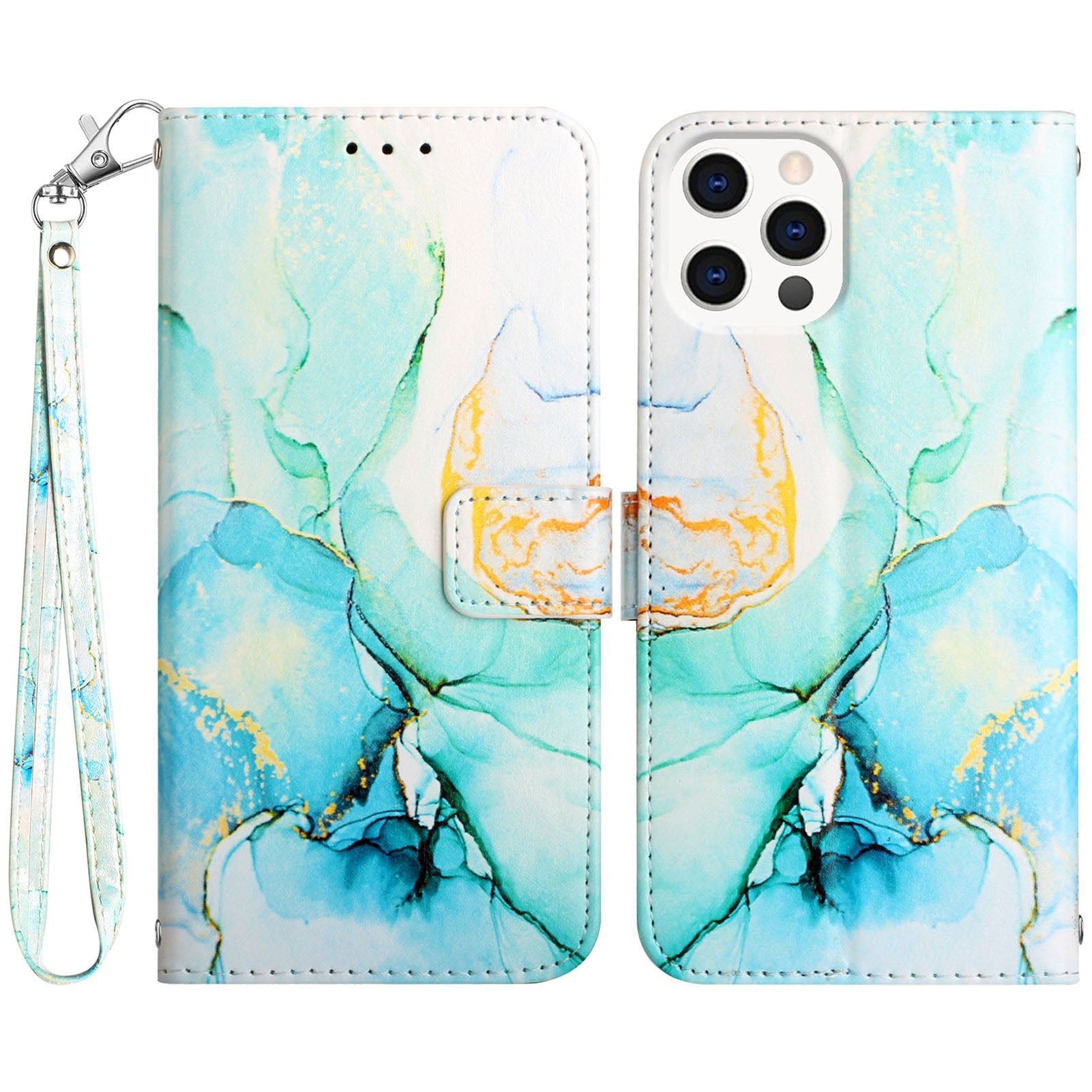 Uniqkart for iPhone 15 Pro YB Pattern Printing Leather Series-5 Mobile Phone Case Leather Stand Wallet Cover - Green LS003