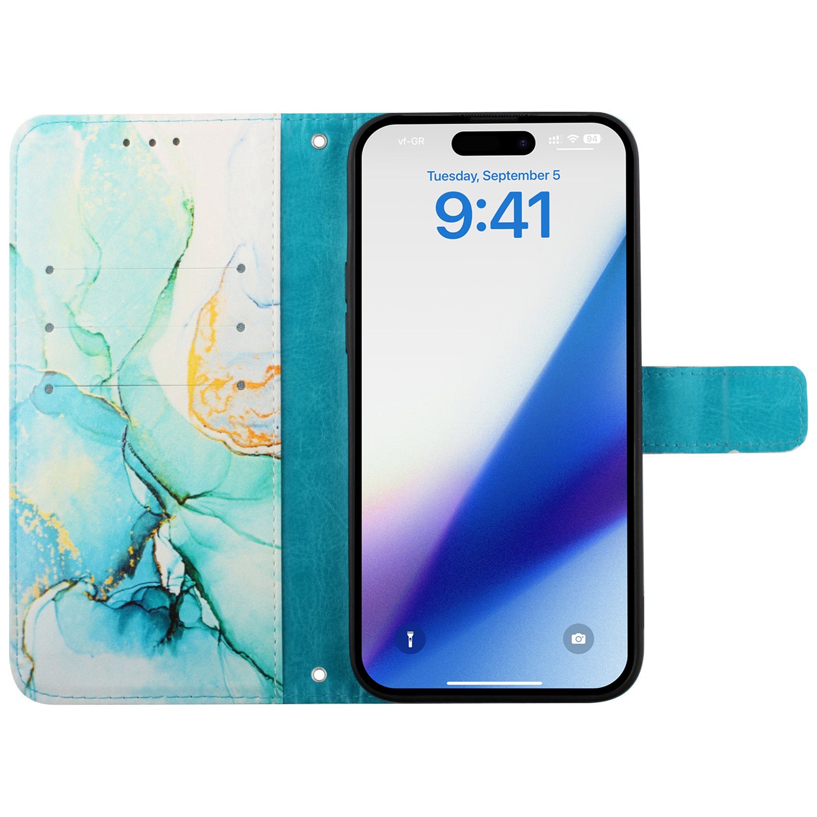 Uniqkart for iPhone 15 Pro YB Pattern Printing Leather Series-5 Mobile Phone Case Leather Stand Wallet Cover - Green LS003