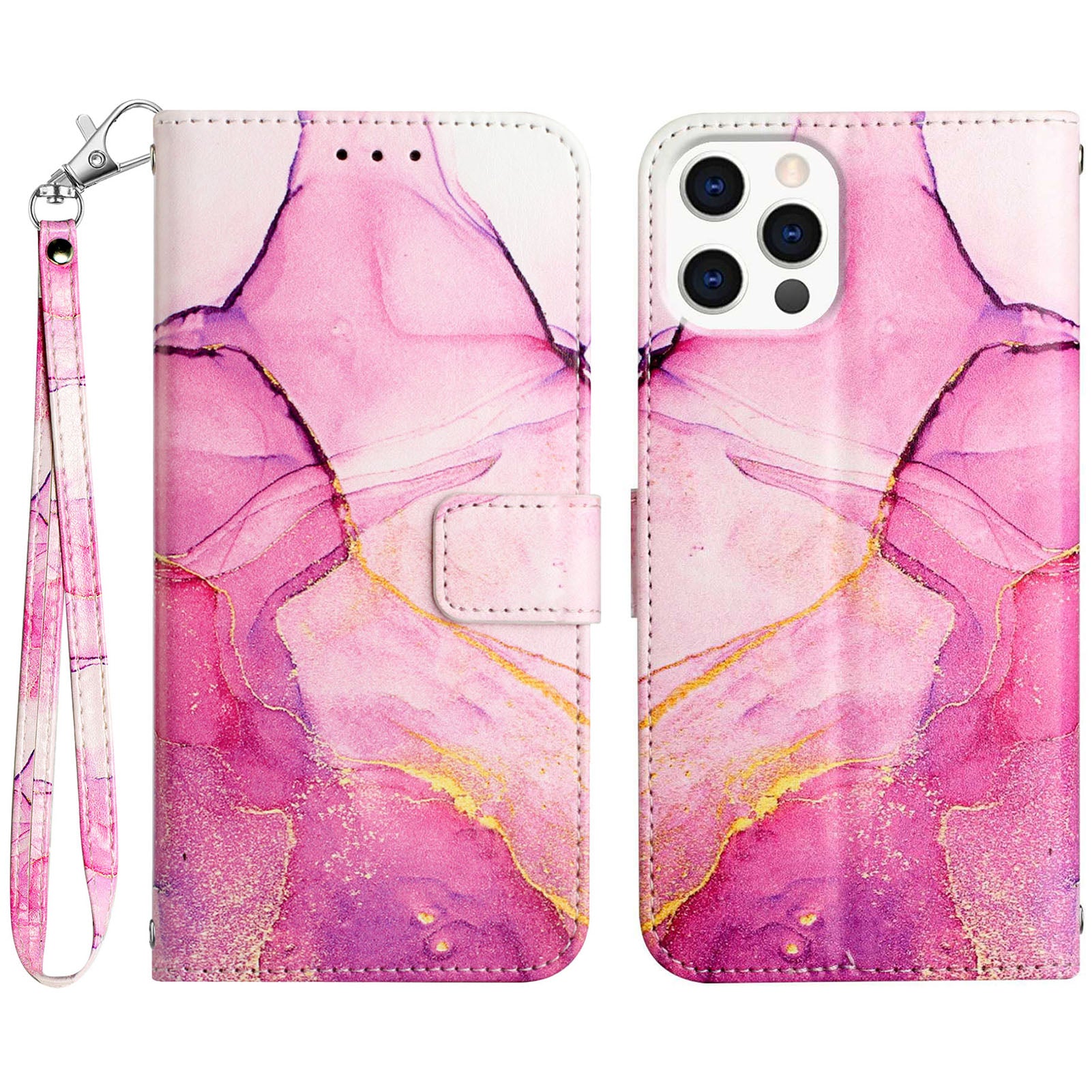 Uniqkart for iPhone 15 Pro YB Pattern Printing Leather Series-5 Mobile Phone Case Leather Stand Wallet Cover - Pink+Purple+Gold LS001