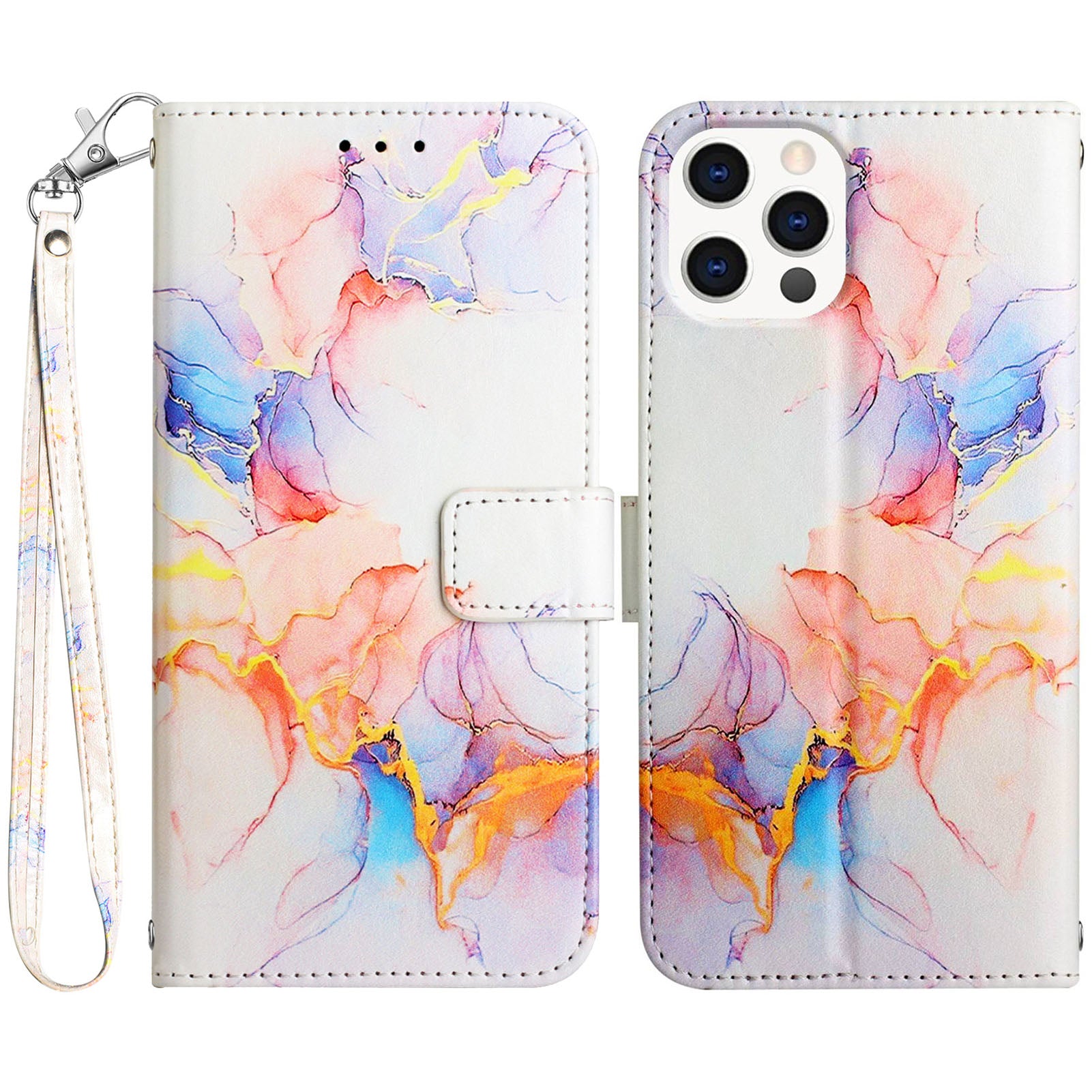 Uniqkart for iPhone 15 Pro YB Pattern Printing Leather Series-5 Mobile Phone Case Leather Stand Wallet Cover - Milky Way Marble White LS004