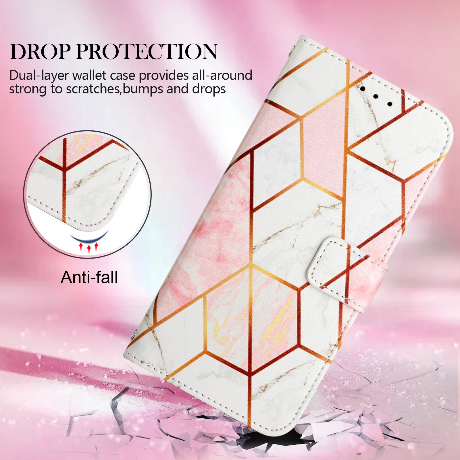 Uniqkart for iPhone 15 Pro YB Pattern Printing Leather Series-5 Mobile Phone Case Leather Stand Wallet Cover - Pink+White LS002
