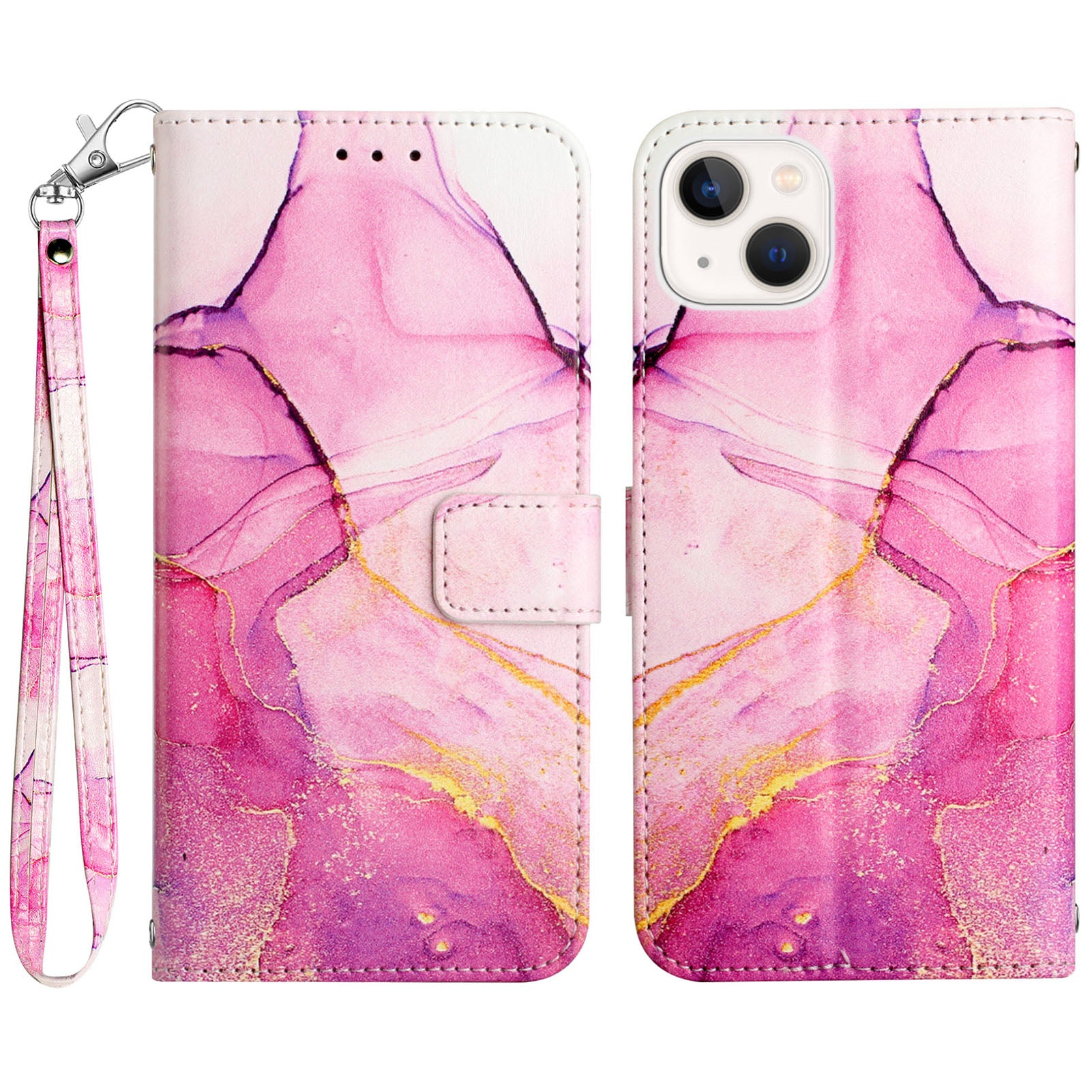 Uniqkart for iPhone 15 Plus YB Pattern Printing Leather Series-5 Anti-fall Phone Case Leather Stand Wallet Cover - Pink+Purple+Gold LS001