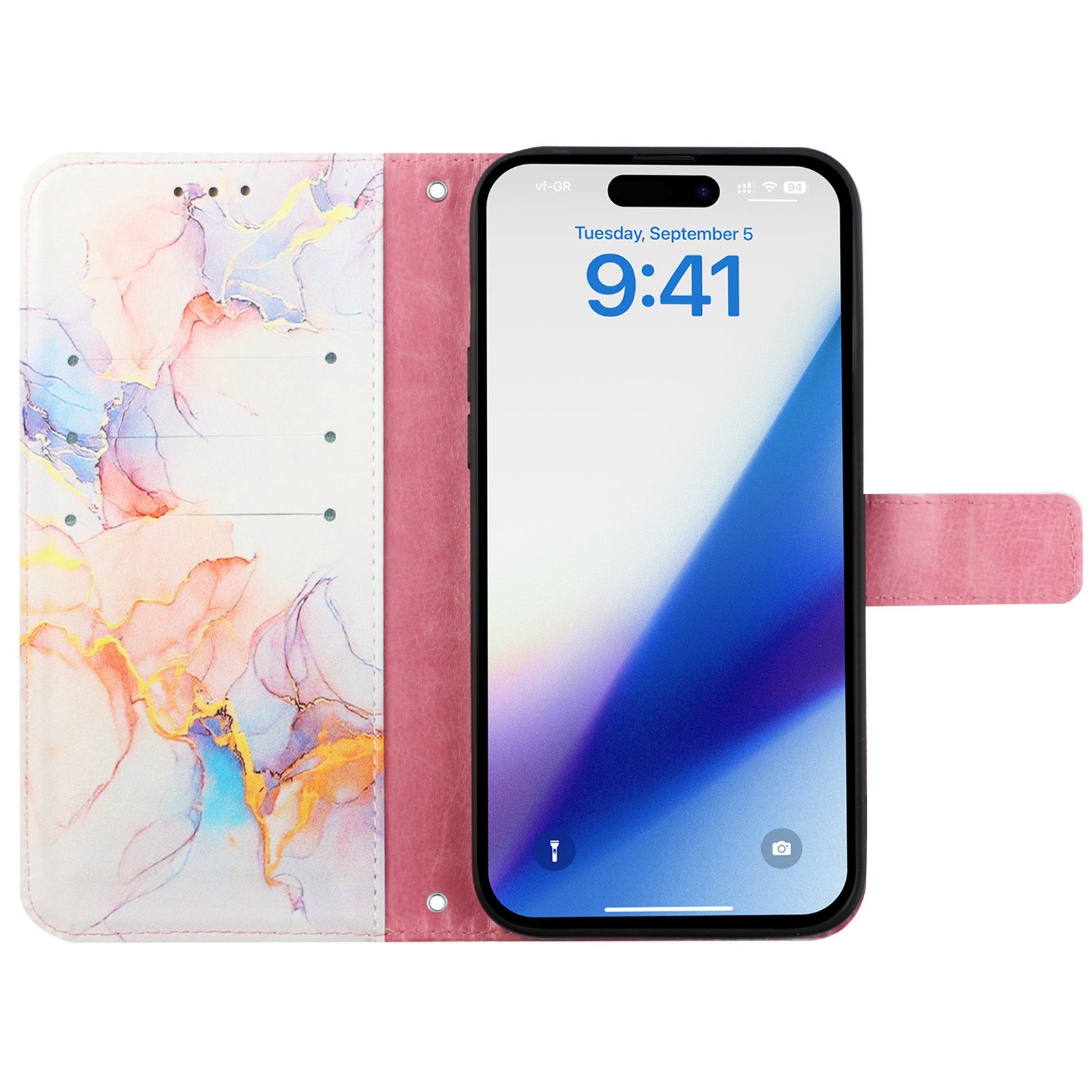 Uniqkart for iPhone 15 Plus YB Pattern Printing Leather Series-5 Anti-fall Phone Case Leather Stand Wallet Cover - Milky Way Marble White LS004