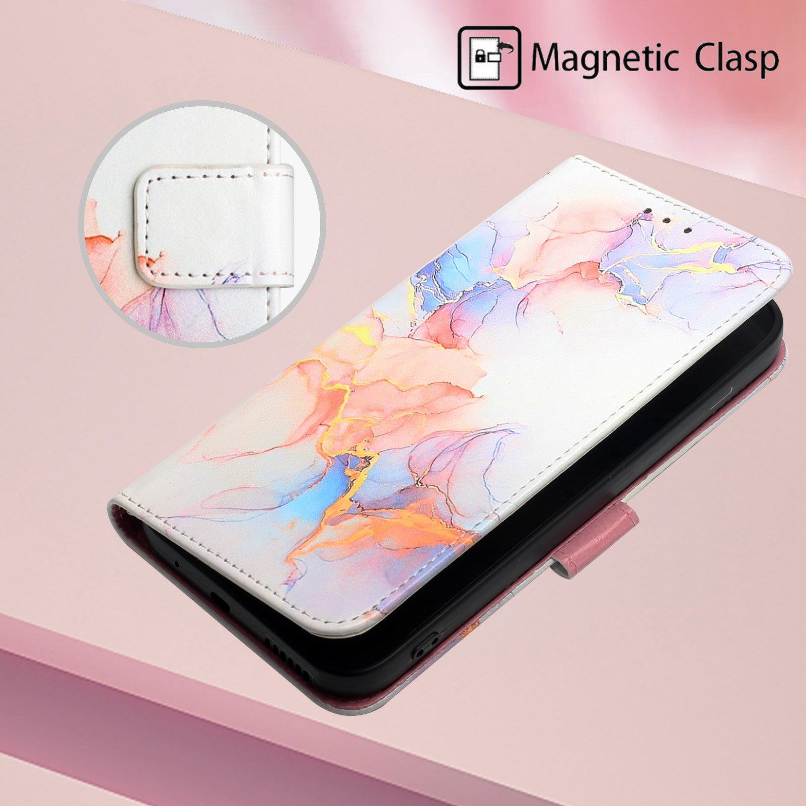Uniqkart for iPhone 15 Plus YB Pattern Printing Leather Series-5 Anti-fall Phone Case Leather Stand Wallet Cover - Milky Way Marble White LS004