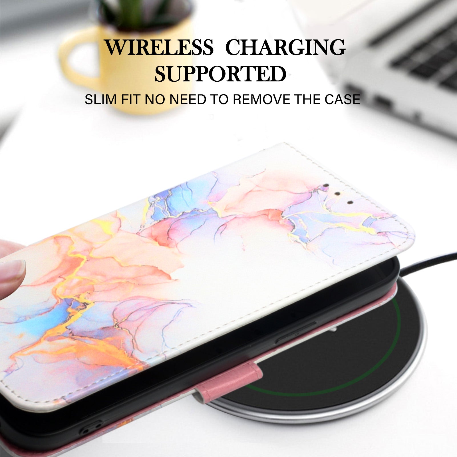 Uniqkart for iPhone 15 Plus YB Pattern Printing Leather Series-5 Anti-fall Phone Case Leather Stand Wallet Cover - Milky Way Marble White LS004