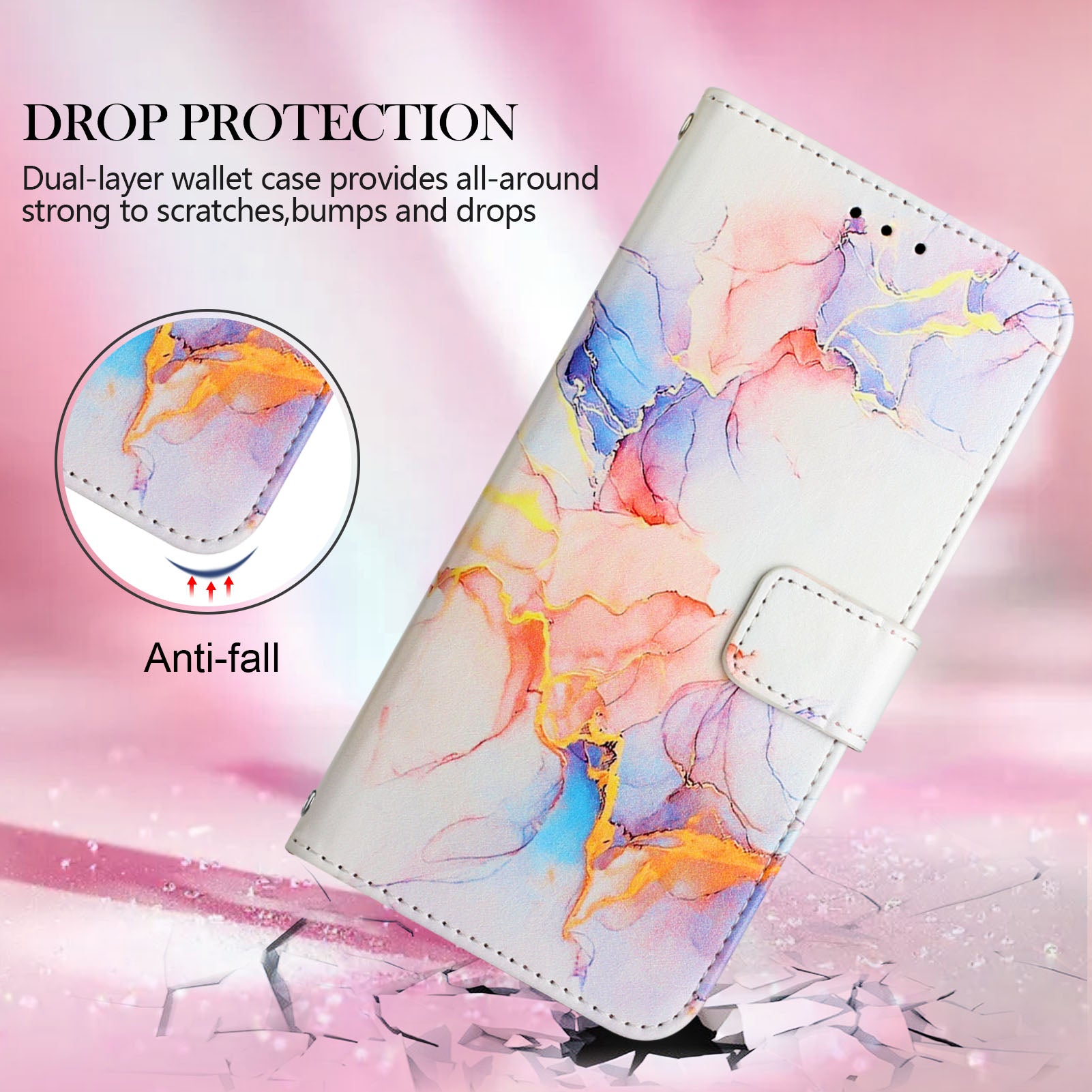 Uniqkart for iPhone 15 Plus YB Pattern Printing Leather Series-5 Anti-fall Phone Case Leather Stand Wallet Cover - Milky Way Marble White LS004