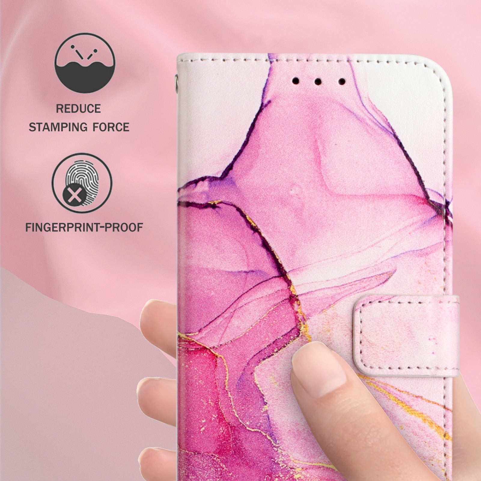 Uniqkart for iPhone 15 YB Pattern Printing Leather Series-5 Smart Phone Shockproof Case Leather Stand Wallet Cover - Pink+Purple+Gold LS001