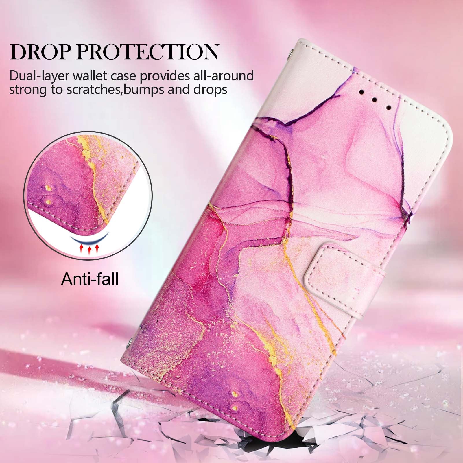 Uniqkart for iPhone 15 YB Pattern Printing Leather Series-5 Smart Phone Shockproof Case Leather Stand Wallet Cover - Pink+Purple+Gold LS001
