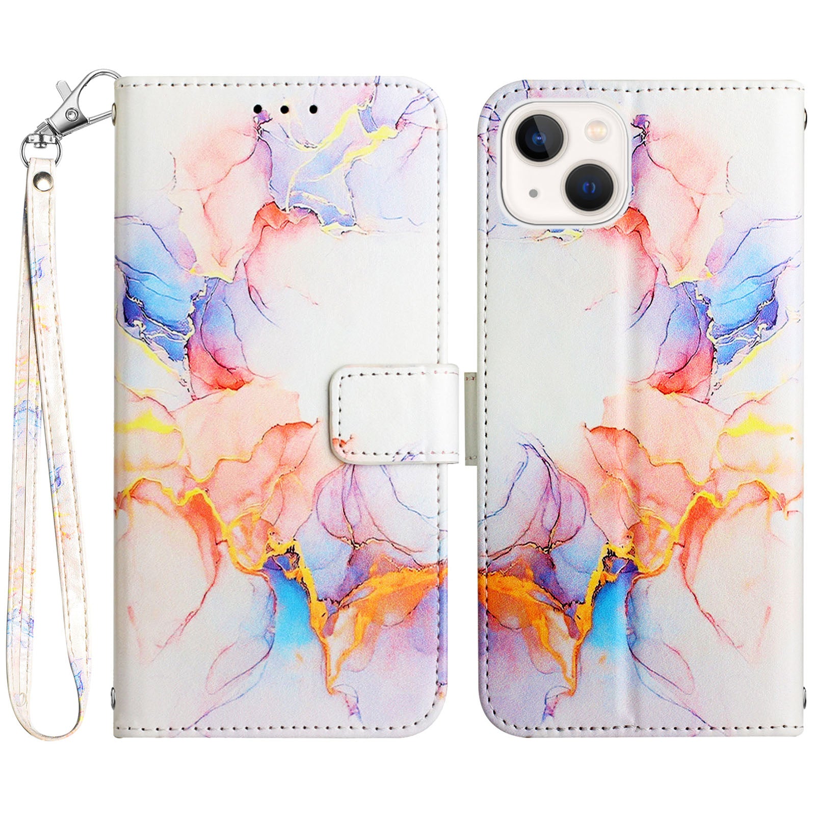 Uniqkart for iPhone 15 YB Pattern Printing Leather Series-5 Smart Phone Shockproof Case Leather Stand Wallet Cover - Milky Way Marble White LS004