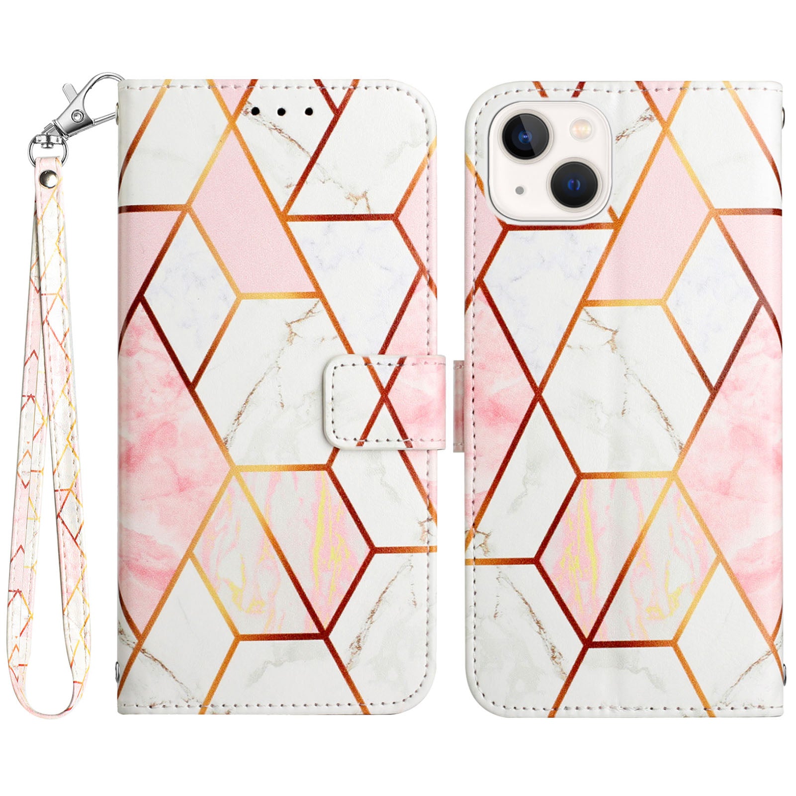 Uniqkart for iPhone 15 YB Pattern Printing Leather Series-5 Smart Phone Shockproof Case Leather Stand Wallet Cover - Pink+White LS002
