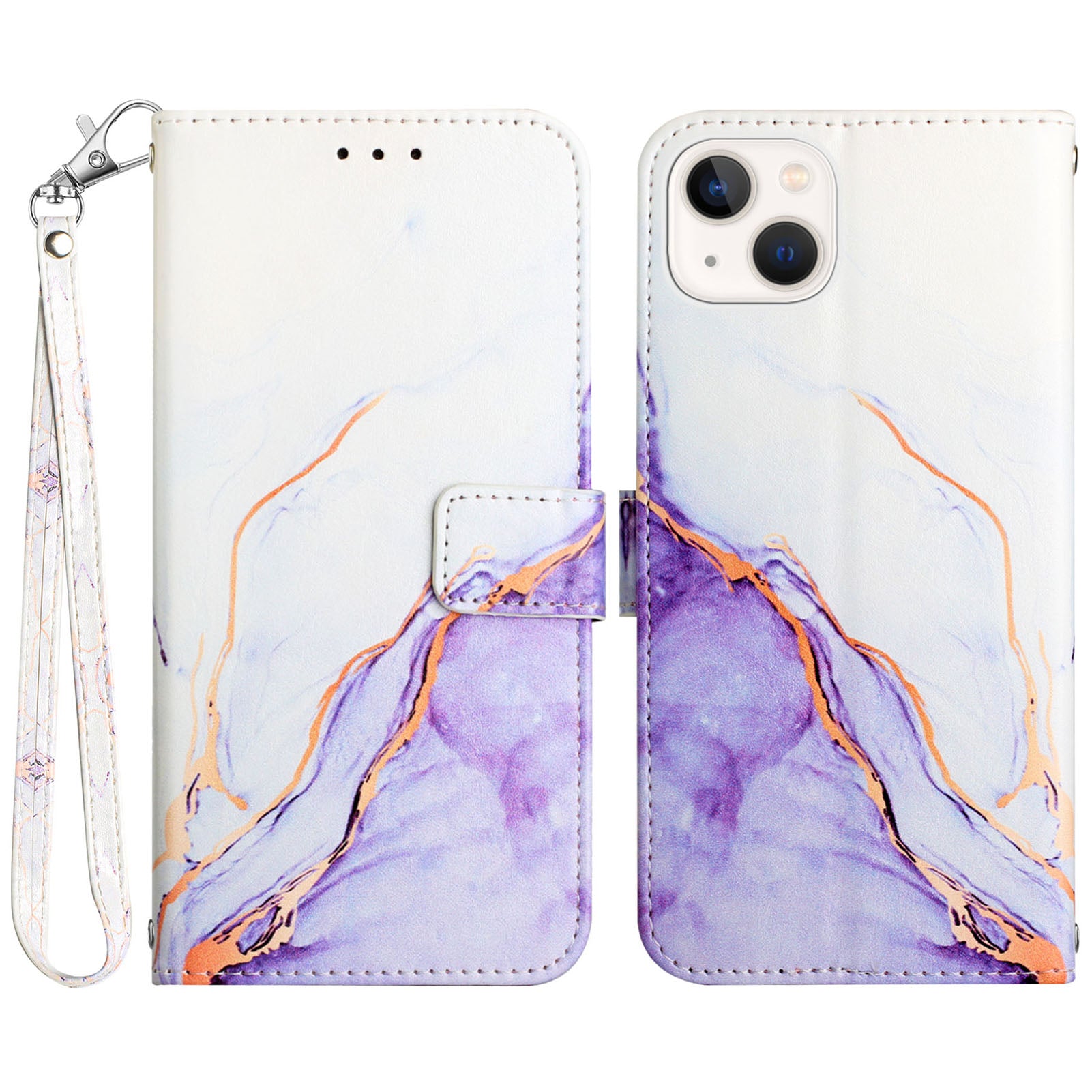 Uniqkart for iPhone 15 YB Pattern Printing Leather Series-5 Smart Phone Shockproof Case Leather Stand Wallet Cover - White+Purple LS006