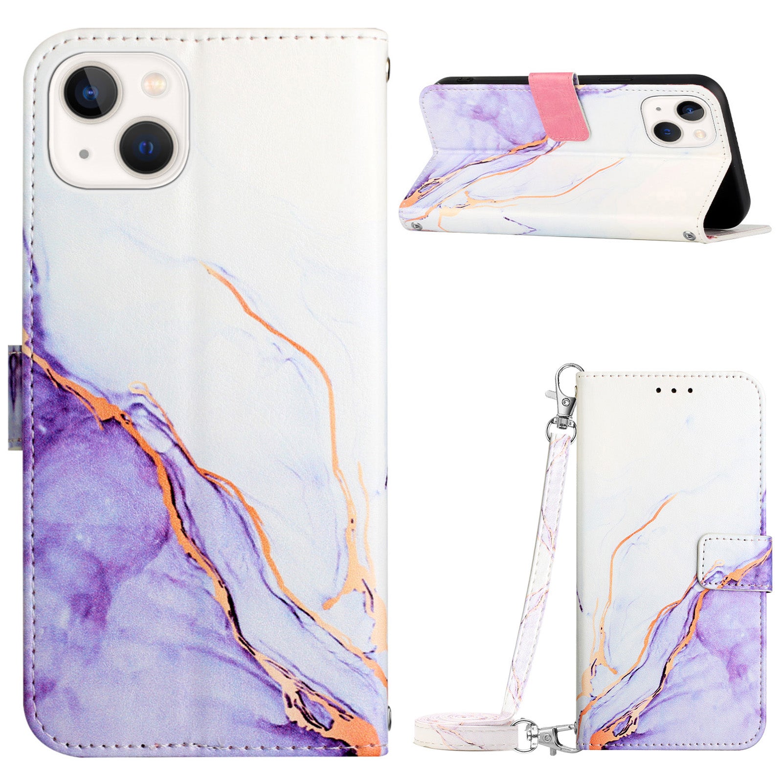 Uniqkart for iPhone 15 YB Pattern Printing Leather Series-6 Marble Pattern Phone Anti-drop Cover Stand Wallet Phone Case - White  /  Purple LS006