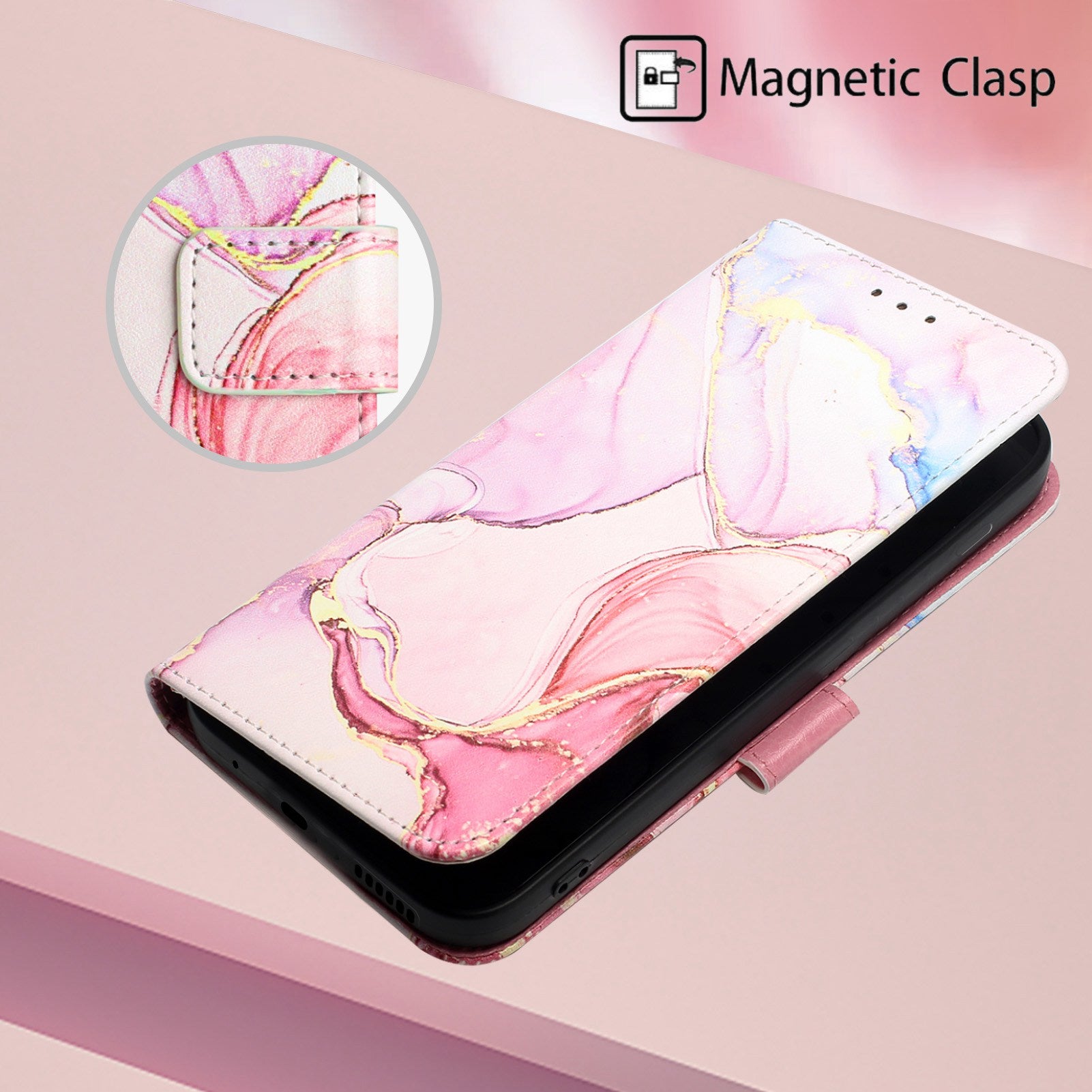 Uniqkart for iPhone 15 YB Pattern Printing Leather Series-6 Marble Pattern Phone Anti-drop Cover Stand Wallet Phone Case - Rose Gold LS005