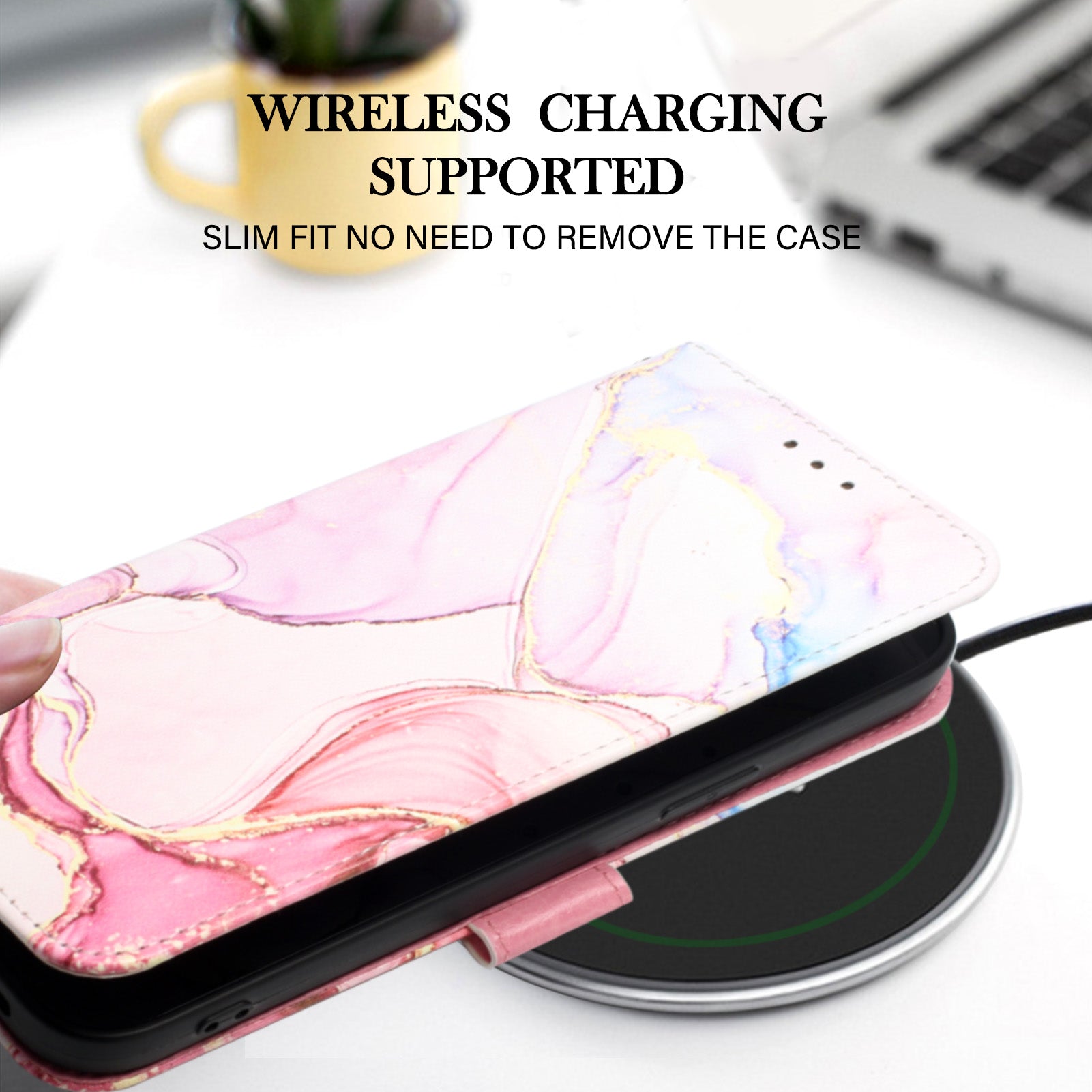 Uniqkart for iPhone 15 YB Pattern Printing Leather Series-6 Marble Pattern Phone Anti-drop Cover Stand Wallet Phone Case - Rose Gold LS005