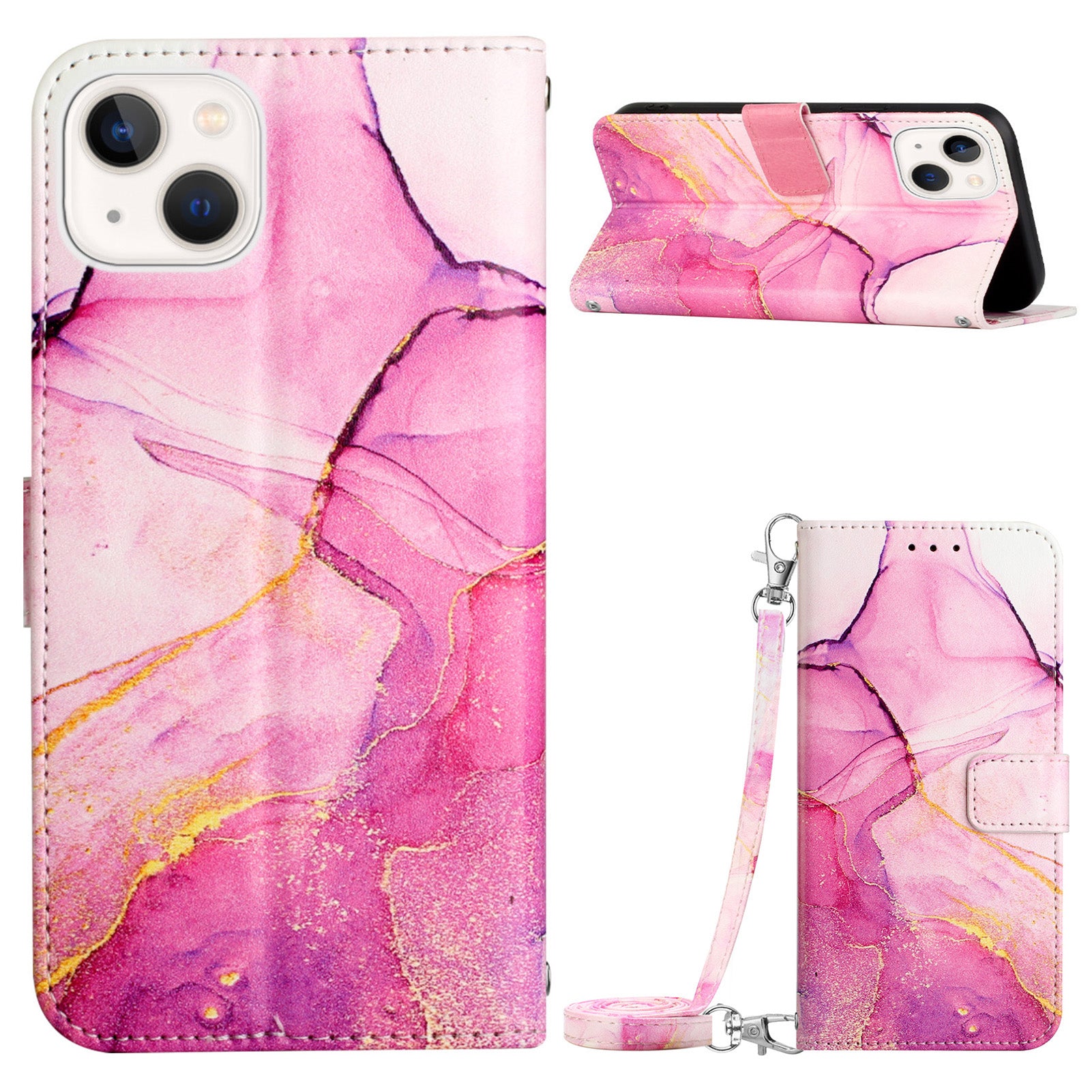 Uniqkart for iPhone 15 Plus YB Pattern Printing Leather Series-6 Marble Pattern Stand Wallet Case Phone Anti-drop Cover - Pink  /  Purple  /  Gold LS001
