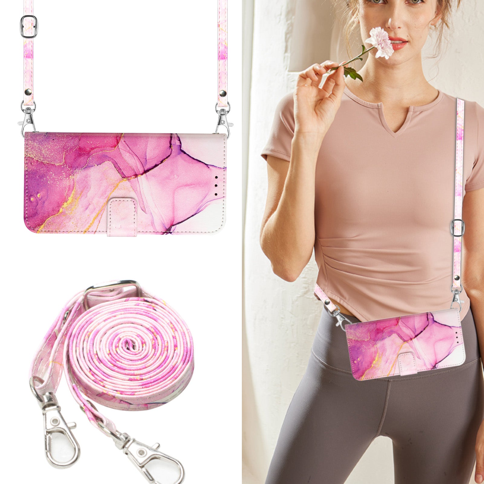 Uniqkart for iPhone 15 Plus YB Pattern Printing Leather Series-6 Marble Pattern Stand Wallet Case Phone Anti-drop Cover - Pink  /  Purple  /  Gold LS001