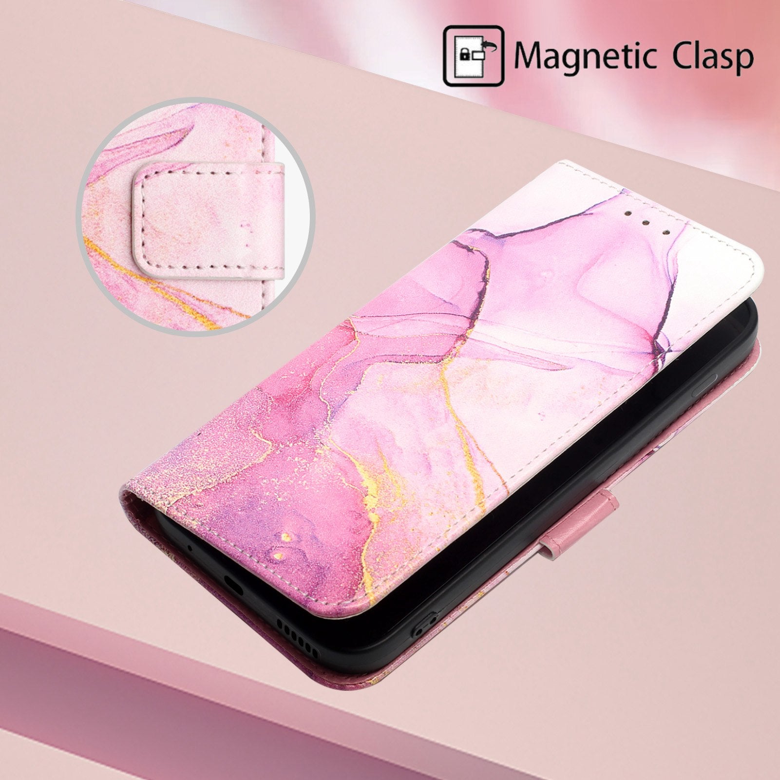 Uniqkart for iPhone 15 Plus YB Pattern Printing Leather Series-6 Marble Pattern Stand Wallet Case Phone Anti-drop Cover - Pink  /  Purple  /  Gold LS001