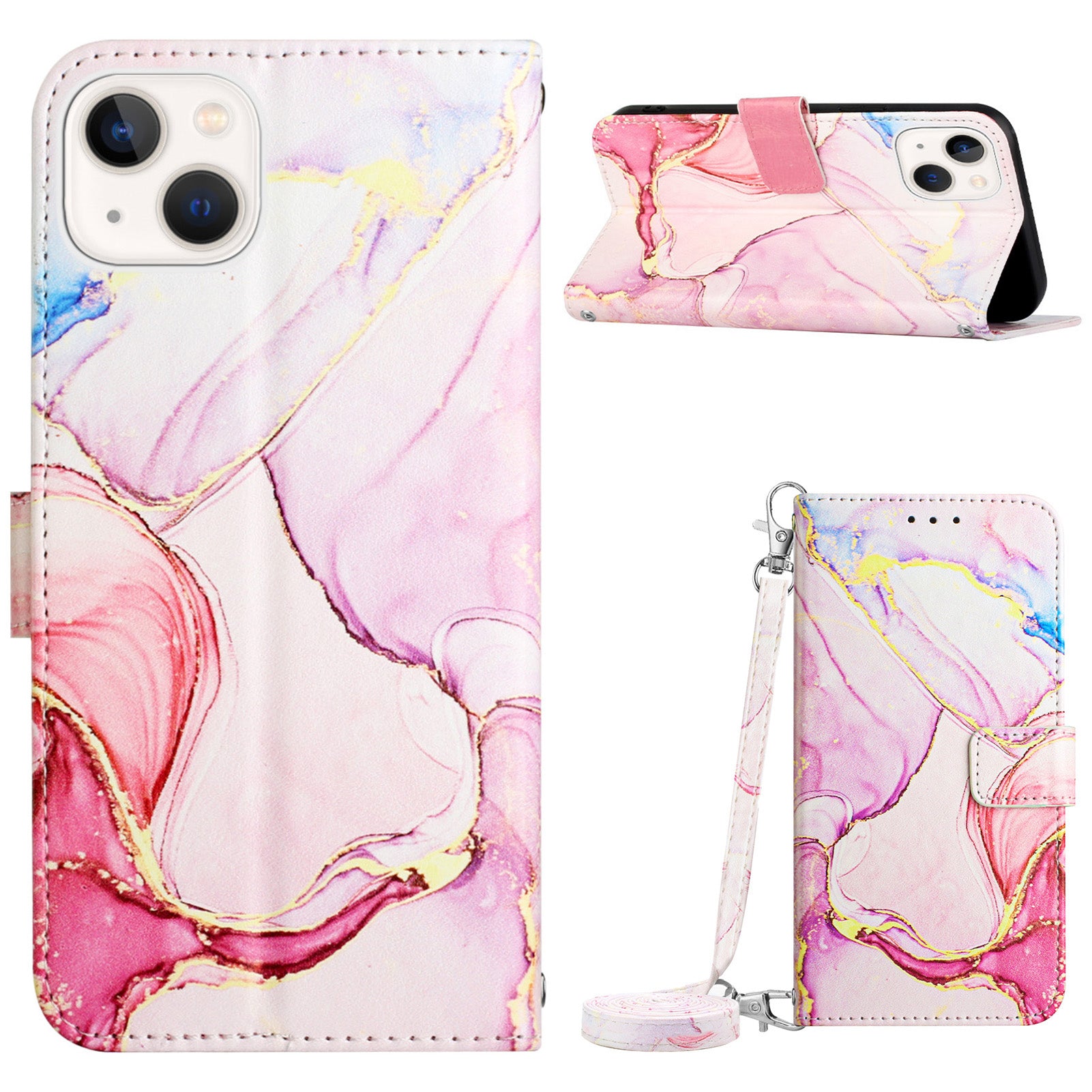 Uniqkart for iPhone 15 Plus YB Pattern Printing Leather Series-6 Marble Pattern Stand Wallet Case Phone Anti-drop Cover - Rose Gold LS005