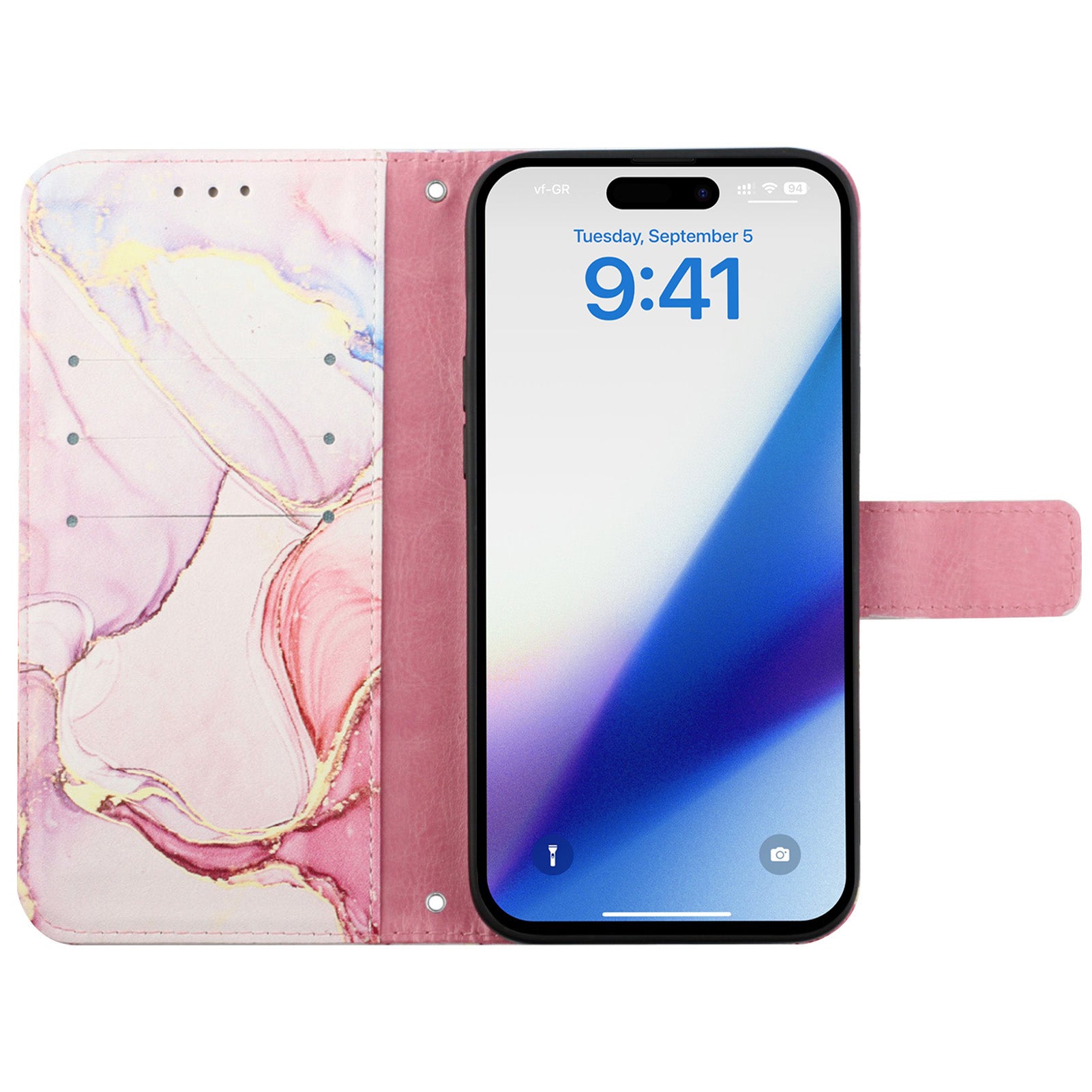 Uniqkart for iPhone 15 Plus YB Pattern Printing Leather Series-6 Marble Pattern Stand Wallet Case Phone Anti-drop Cover - Rose Gold LS005