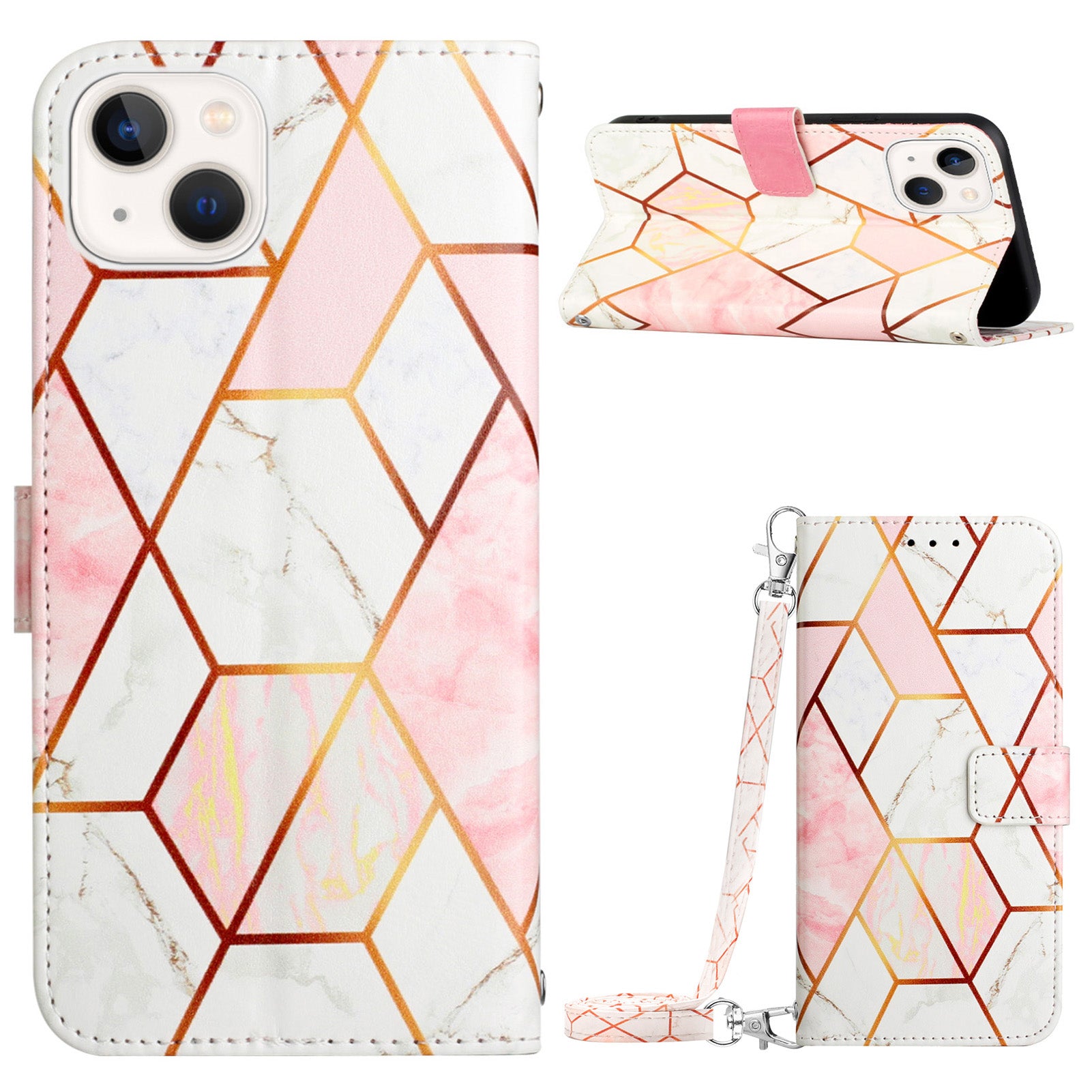Uniqkart for iPhone 15 Plus YB Pattern Printing Leather Series-6 Marble Pattern Stand Wallet Case Phone Anti-drop Cover - Pink  /  White LS002