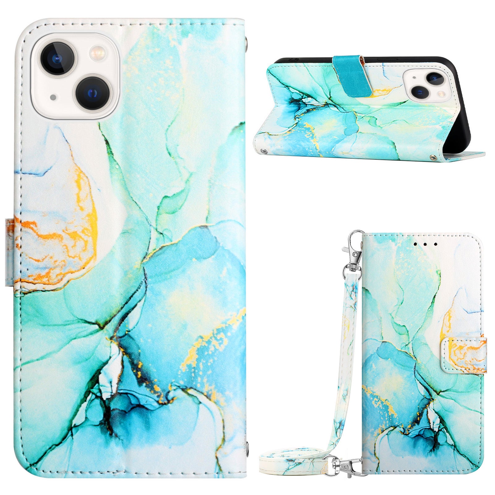 Uniqkart for iPhone 15 Plus YB Pattern Printing Leather Series-6 Marble Pattern Stand Wallet Case Phone Anti-drop Cover - Green LS003
