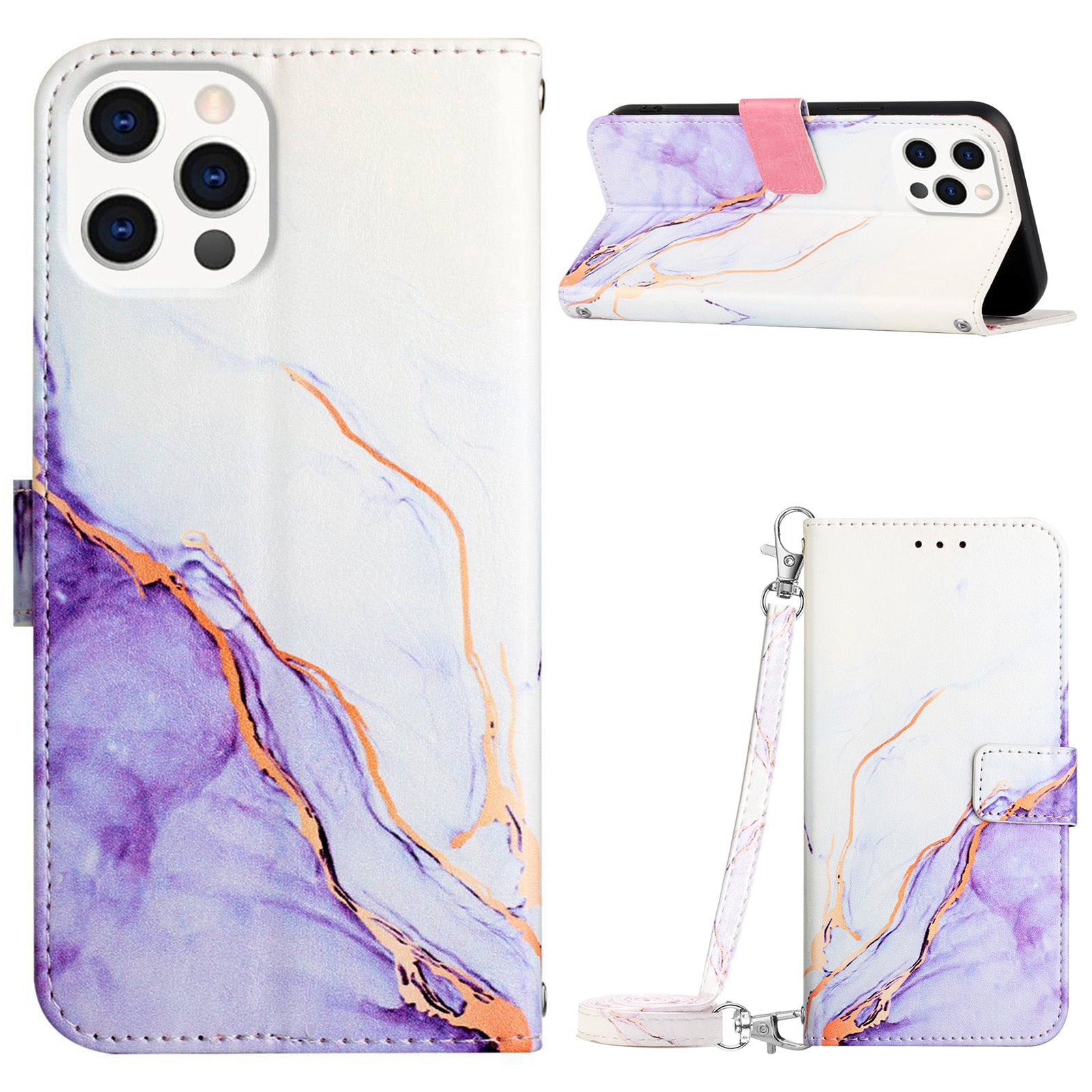 Uniqkart for iPhone 15 Pro YB Pattern Printing Leather Series-6 Marble Pattern Phone Cover Stand Wallet Anti-collision Case - White  /  Purple LS006