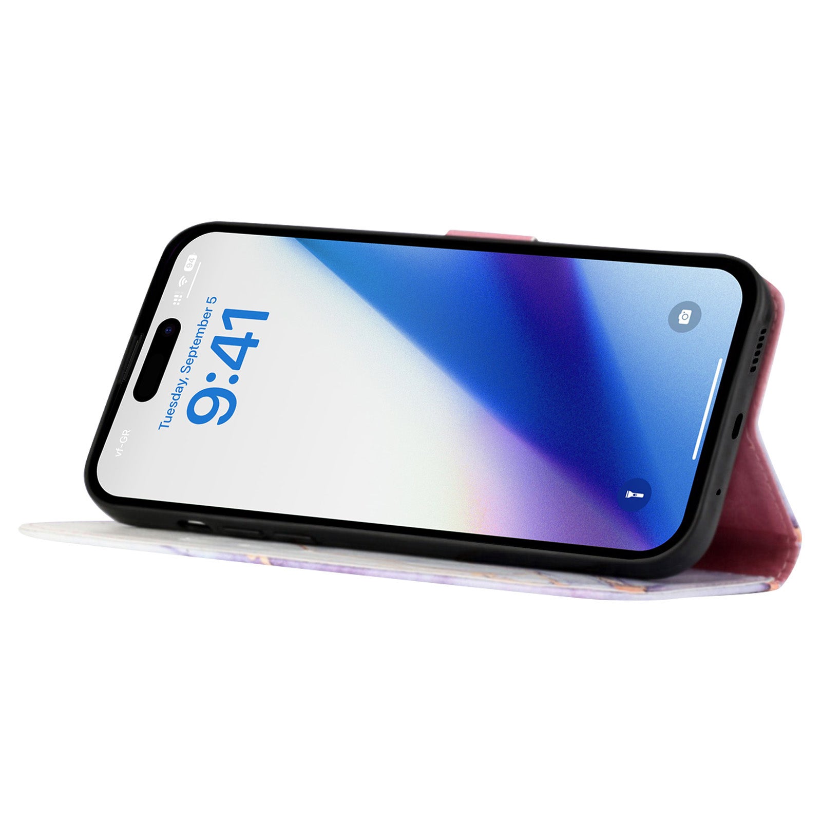 Uniqkart for iPhone 15 Pro YB Pattern Printing Leather Series-6 Marble Pattern Phone Cover Stand Wallet Anti-collision Case - White  /  Purple LS006