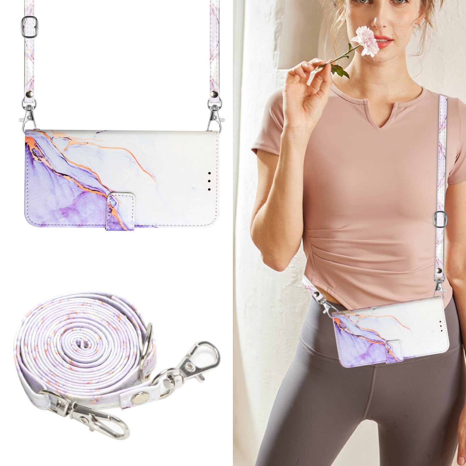 Uniqkart for iPhone 15 Pro YB Pattern Printing Leather Series-6 Marble Pattern Phone Cover Stand Wallet Anti-collision Case - White  /  Purple LS006