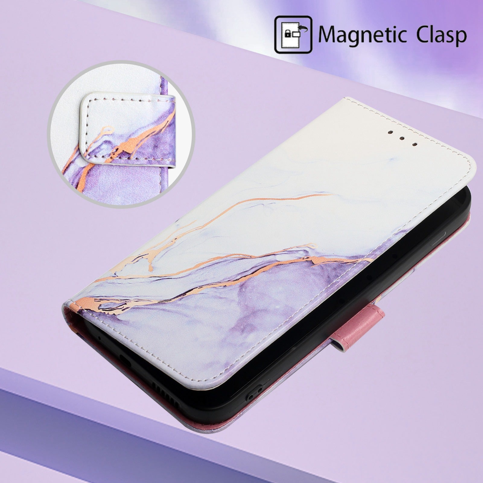 Uniqkart for iPhone 15 Pro YB Pattern Printing Leather Series-6 Marble Pattern Phone Cover Stand Wallet Anti-collision Case - White  /  Purple LS006