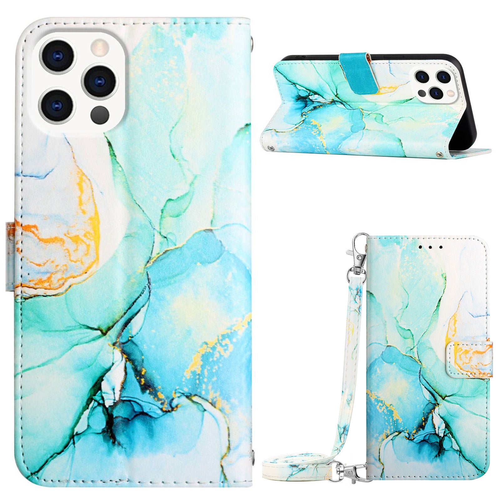 Uniqkart for iPhone 15 Pro Max YB Pattern Printing Leather Series-6 Marble Pattern Phone Cover Stand Wallet Bump Proof Case - Green LS003