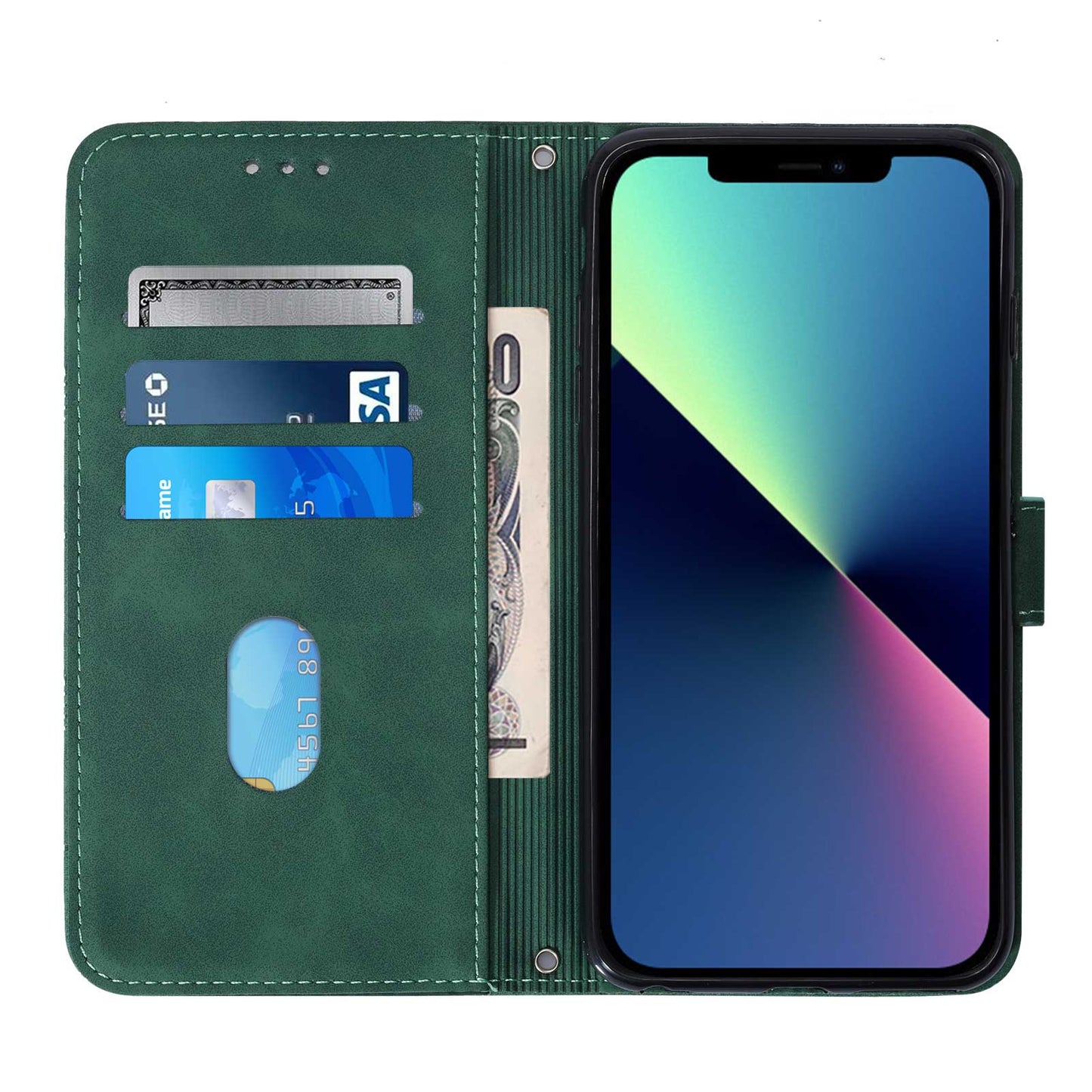 YB Imprinting Series-2 for iPhone 15 Pro Leather Wallet Phone Case Imprinted Stand Cover with Shoulder Strap - Blackish Green