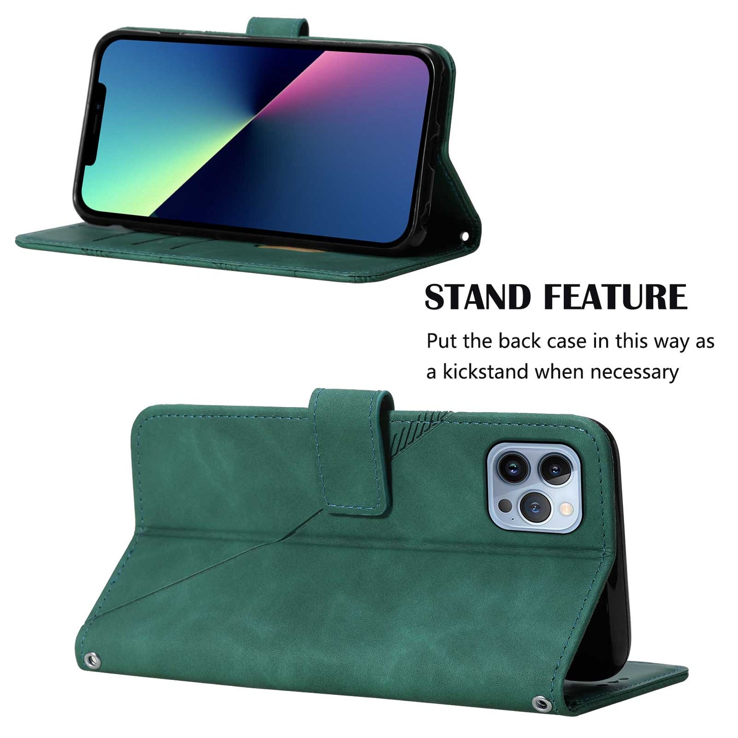 YB Imprinting Series-2 for iPhone 15 Pro Leather Wallet Phone Case Imprinted Stand Cover with Shoulder Strap - Blackish Green