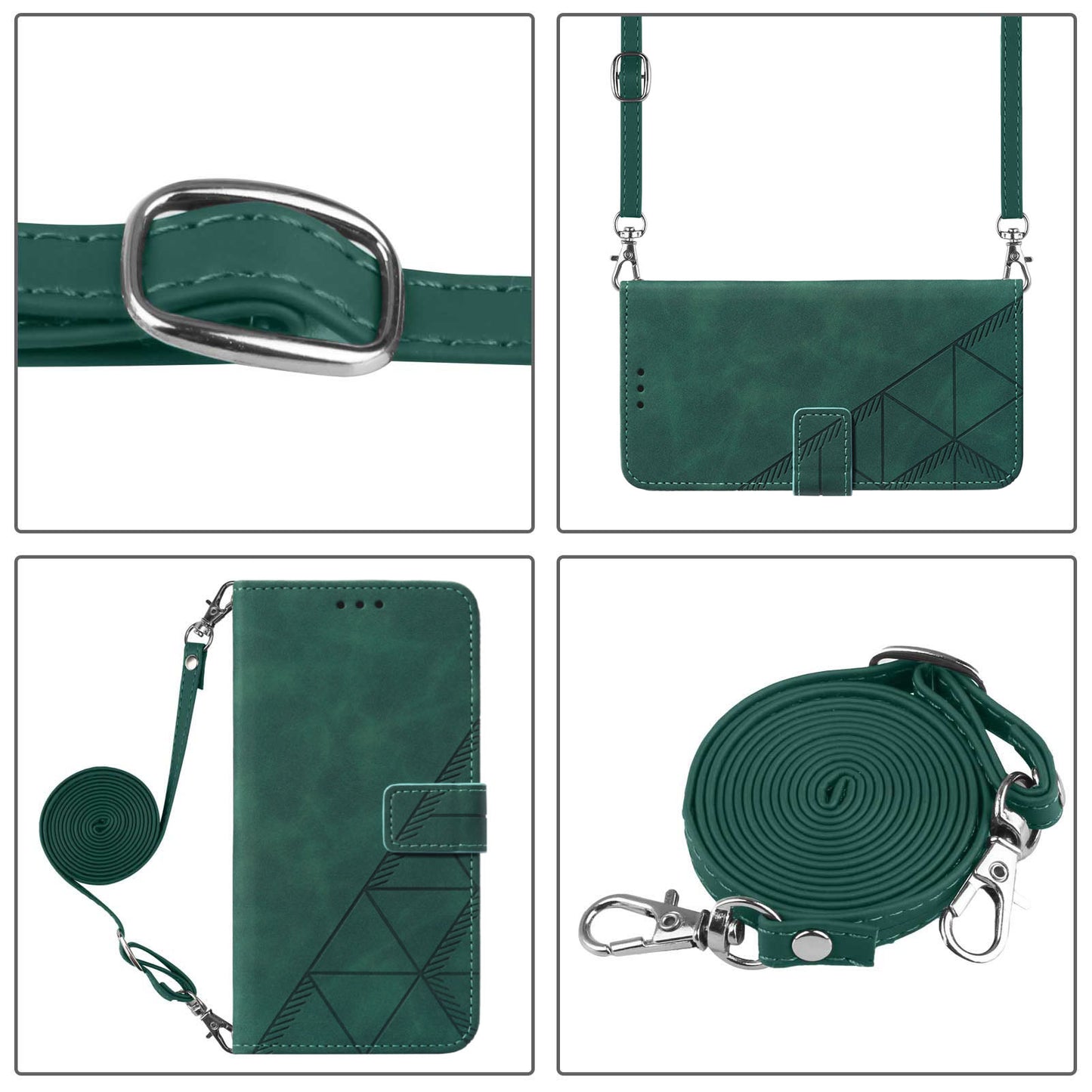 YB Imprinting Series-2 for iPhone 15 Pro Leather Wallet Phone Case Imprinted Stand Cover with Shoulder Strap - Blackish Green
