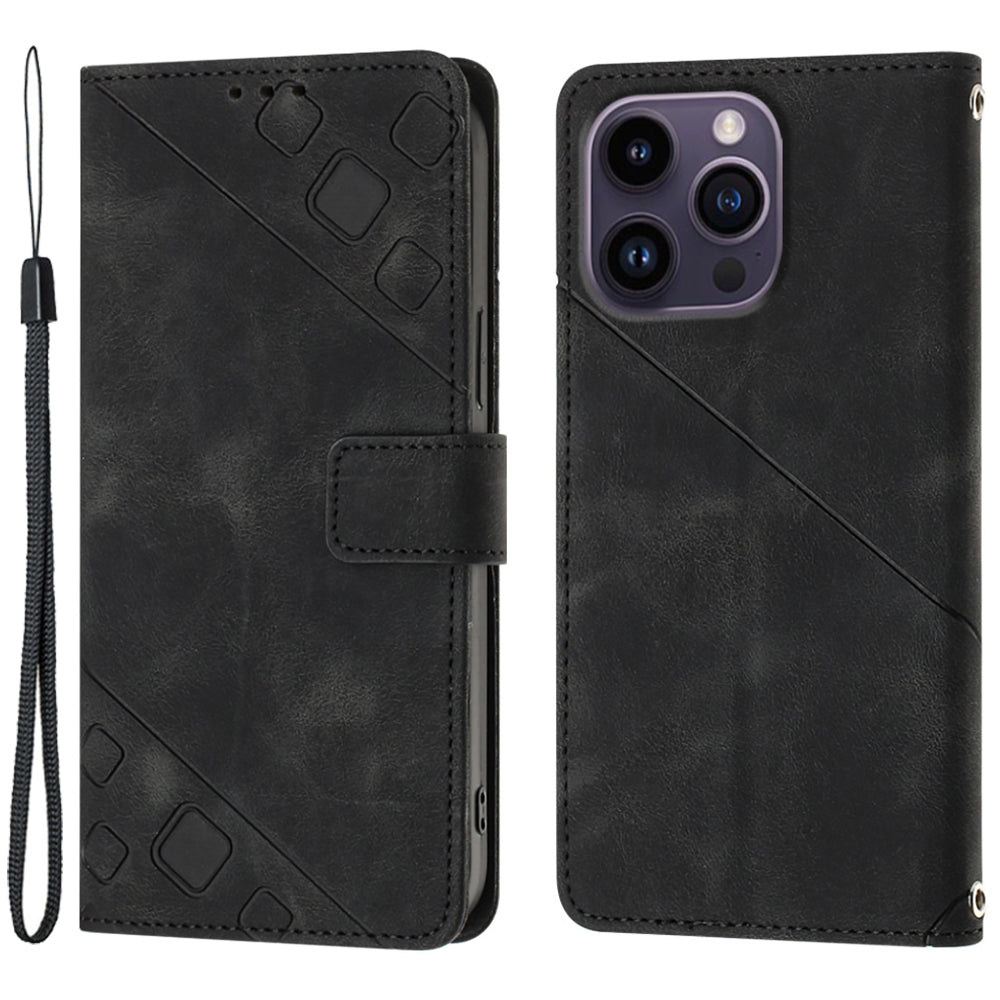 PT005 YB Imprinting Series-6 For iPhone 15 Pro Anti-Scratch Cell Phone Case Skin-Touch PU Leather Stand Wallet Cover - Black