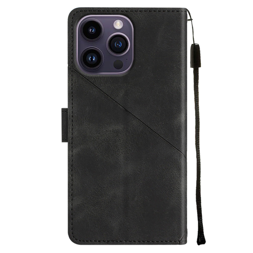 PT005 YB Imprinting Series-6 For iPhone 15 Pro Anti-Scratch Cell Phone Case Skin-Touch PU Leather Stand Wallet Cover - Black