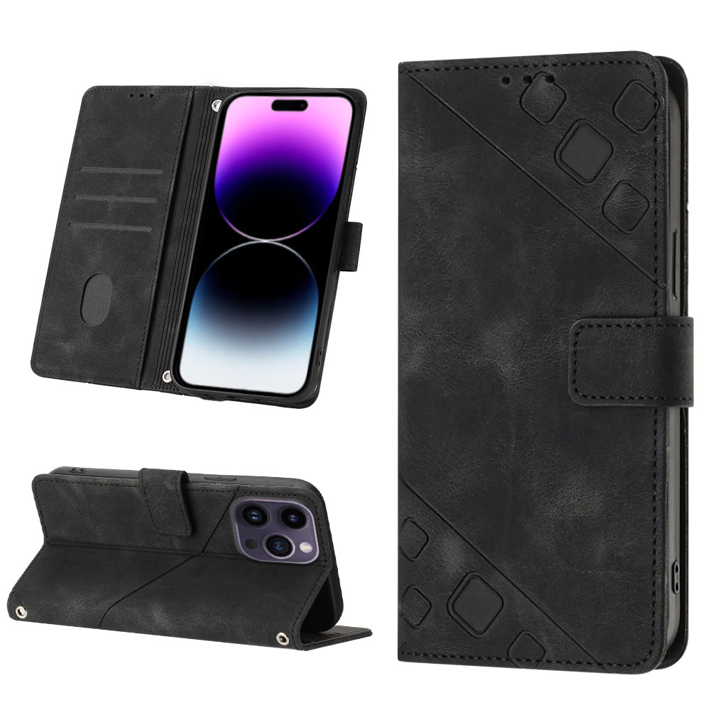 PT005 YB Imprinting Series-6 For iPhone 15 Pro Anti-Scratch Cell Phone Case Skin-Touch PU Leather Stand Wallet Cover - Black