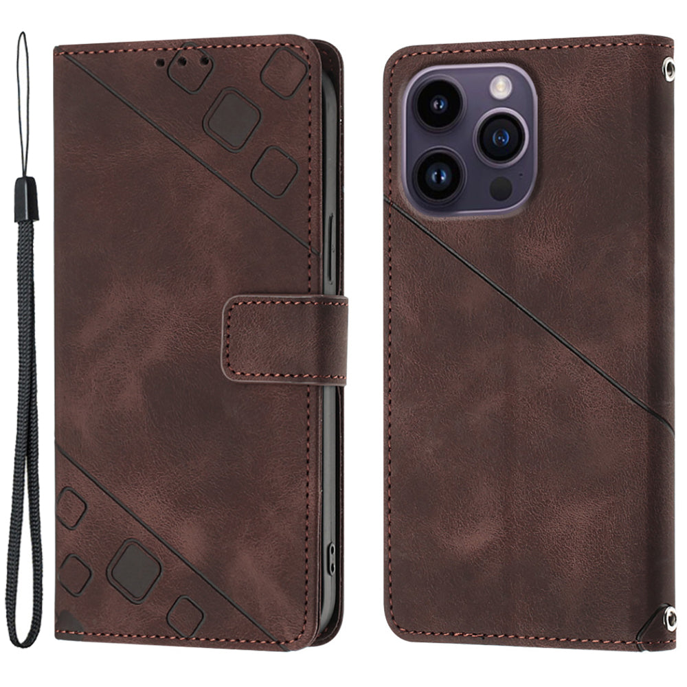 PT005 YB Imprinting Series-6 For iPhone 15 Pro Anti-Scratch Cell Phone Case Skin-Touch PU Leather Stand Wallet Cover - Brown