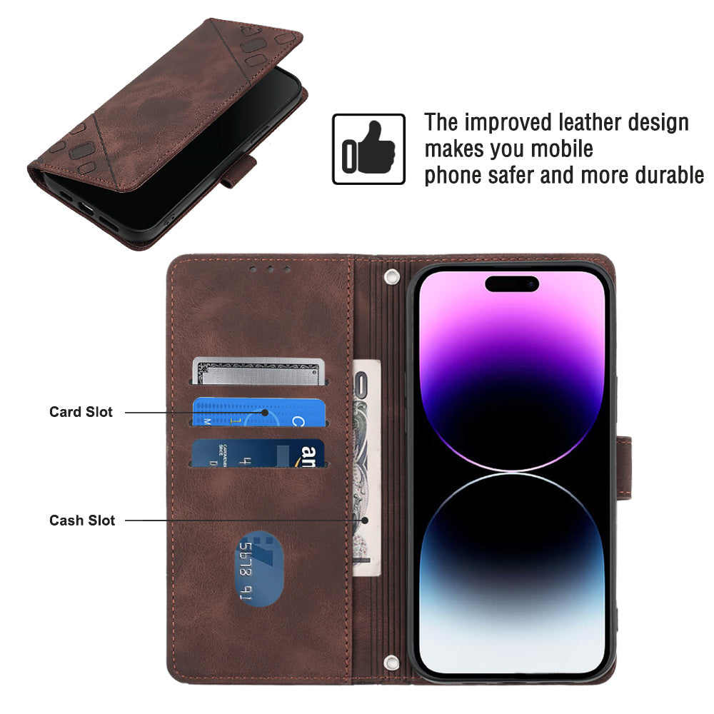 PT005 YB Imprinting Series-6 For iPhone 15 Pro Anti-Scratch Cell Phone Case Skin-Touch PU Leather Stand Wallet Cover - Brown