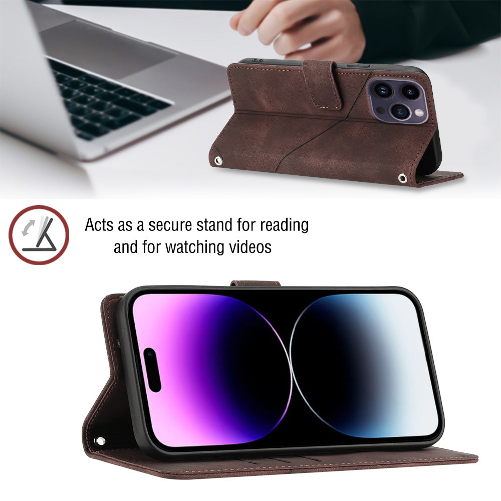 PT005 YB Imprinting Series-6 For iPhone 15 Pro Anti-Scratch Cell Phone Case Skin-Touch PU Leather Stand Wallet Cover - Brown