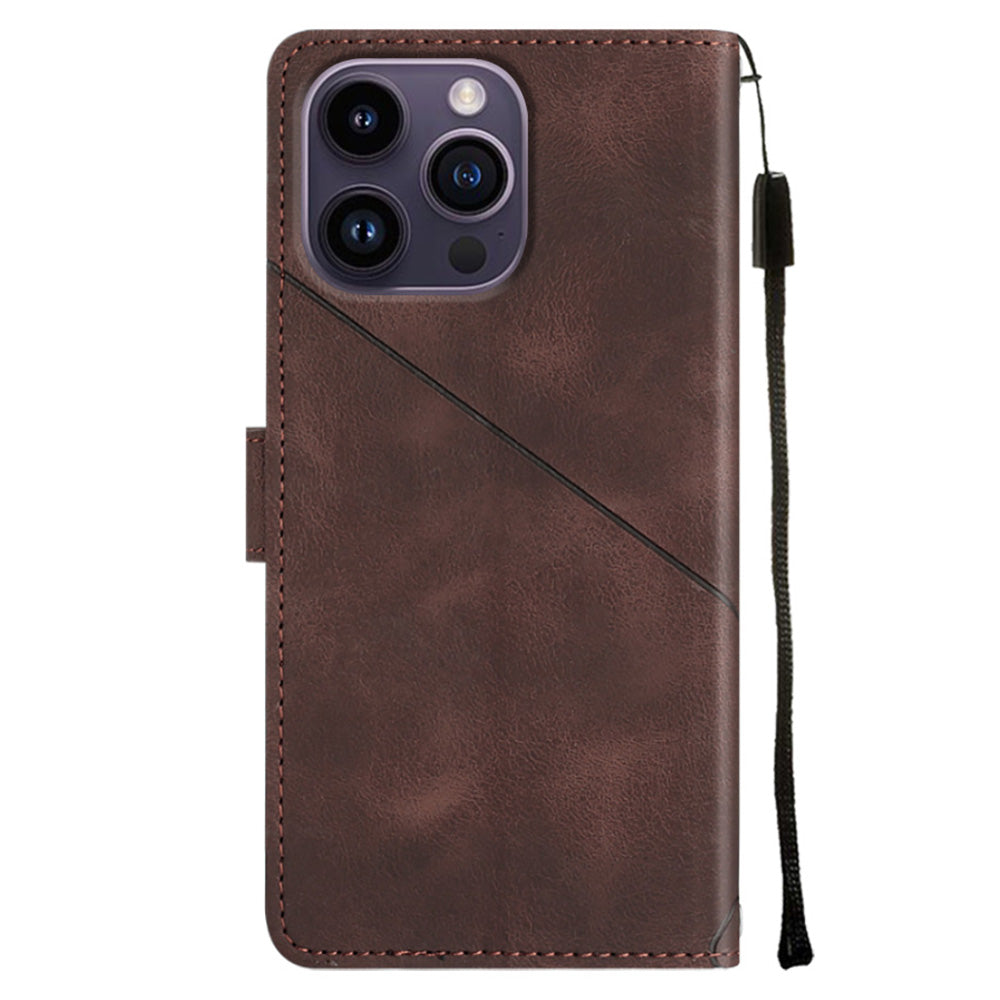 PT005 YB Imprinting Series-6 For iPhone 15 Pro Anti-Scratch Cell Phone Case Skin-Touch PU Leather Stand Wallet Cover - Brown