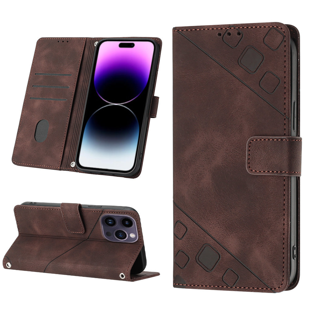 PT005 YB Imprinting Series-6 For iPhone 15 Pro Anti-Scratch Cell Phone Case Skin-Touch PU Leather Stand Wallet Cover - Brown