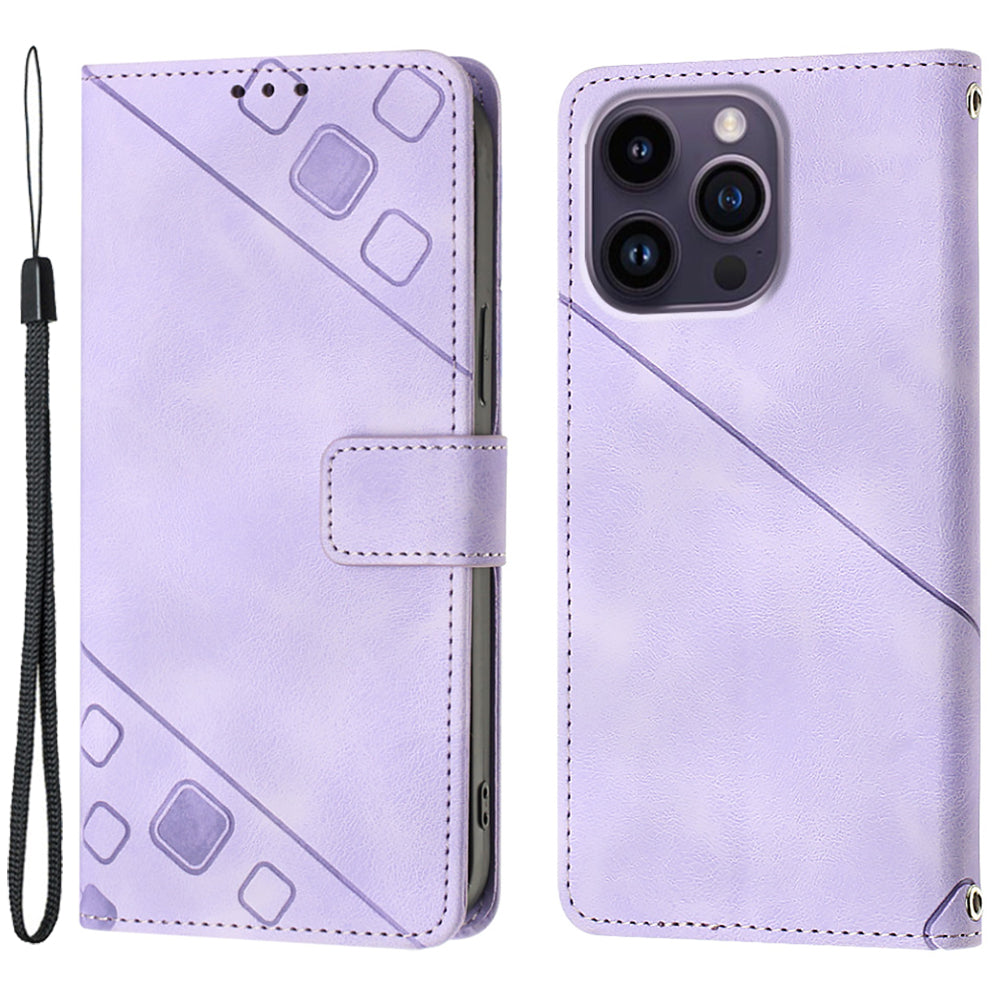 PT005 YB Imprinting Series-6 For iPhone 15 Pro Anti-Scratch Cell Phone Case Skin-Touch PU Leather Stand Wallet Cover - Light Purple