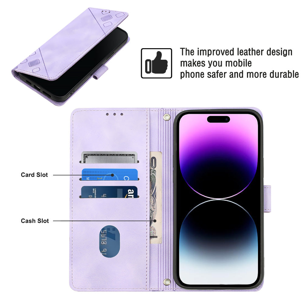 PT005 YB Imprinting Series-6 For iPhone 15 Pro Anti-Scratch Cell Phone Case Skin-Touch PU Leather Stand Wallet Cover - Light Purple