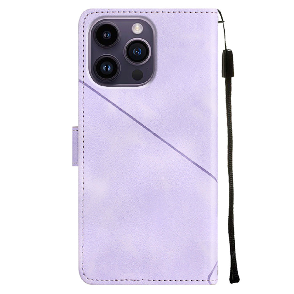 PT005 YB Imprinting Series-6 For iPhone 15 Pro Anti-Scratch Cell Phone Case Skin-Touch PU Leather Stand Wallet Cover - Light Purple